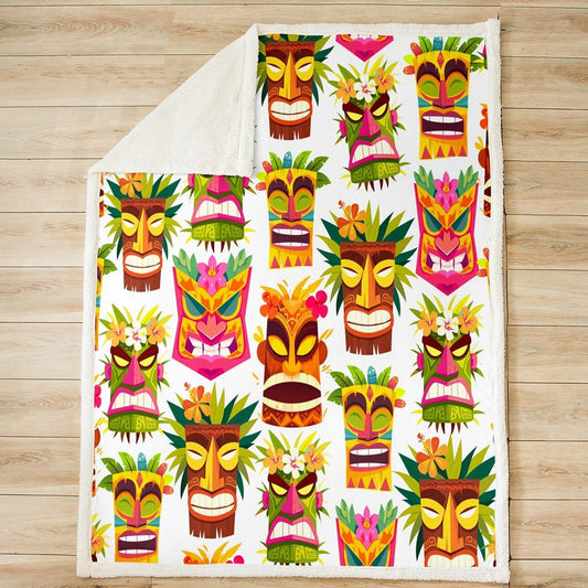 Tiki Bar Plush Blanket Retro Inspired Fleece Throw Blanket Hawaiian Party Sherpa Blanket for Kids Boys Girls Cute Colorful Tiki Pattern Fuzzy Blanket for Sofa Bed Couch, Room Decor Twin 60x80 Inch