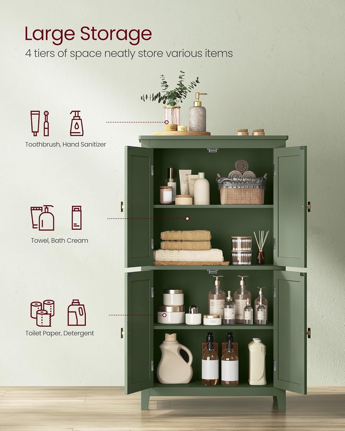 VASAGLE Floor Storage Cabinet, Freestanding Storage Unit with 4 Doors, Adjustable Shelves, 11.8 x 23.6 x 43.3 Inches, for Entryway, Bathroom, Forest Green UBBC552C01