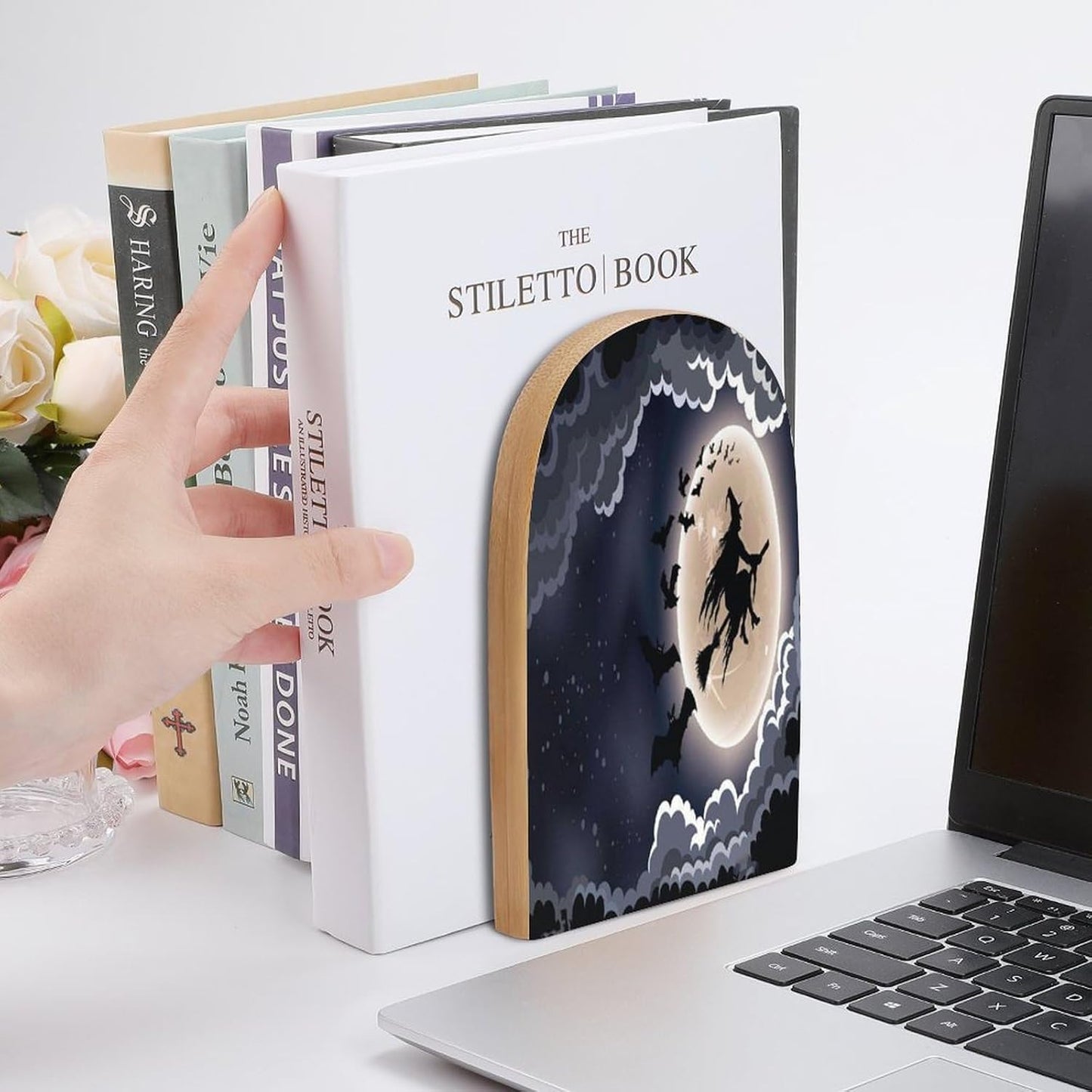 Halloween Flying Witch Wooden Bookend Non-Slip Book Ends Heavy Duty Book Stopper with Metal Base Books Holderd Decorative Bookends Stands Firmly for Office Supplies