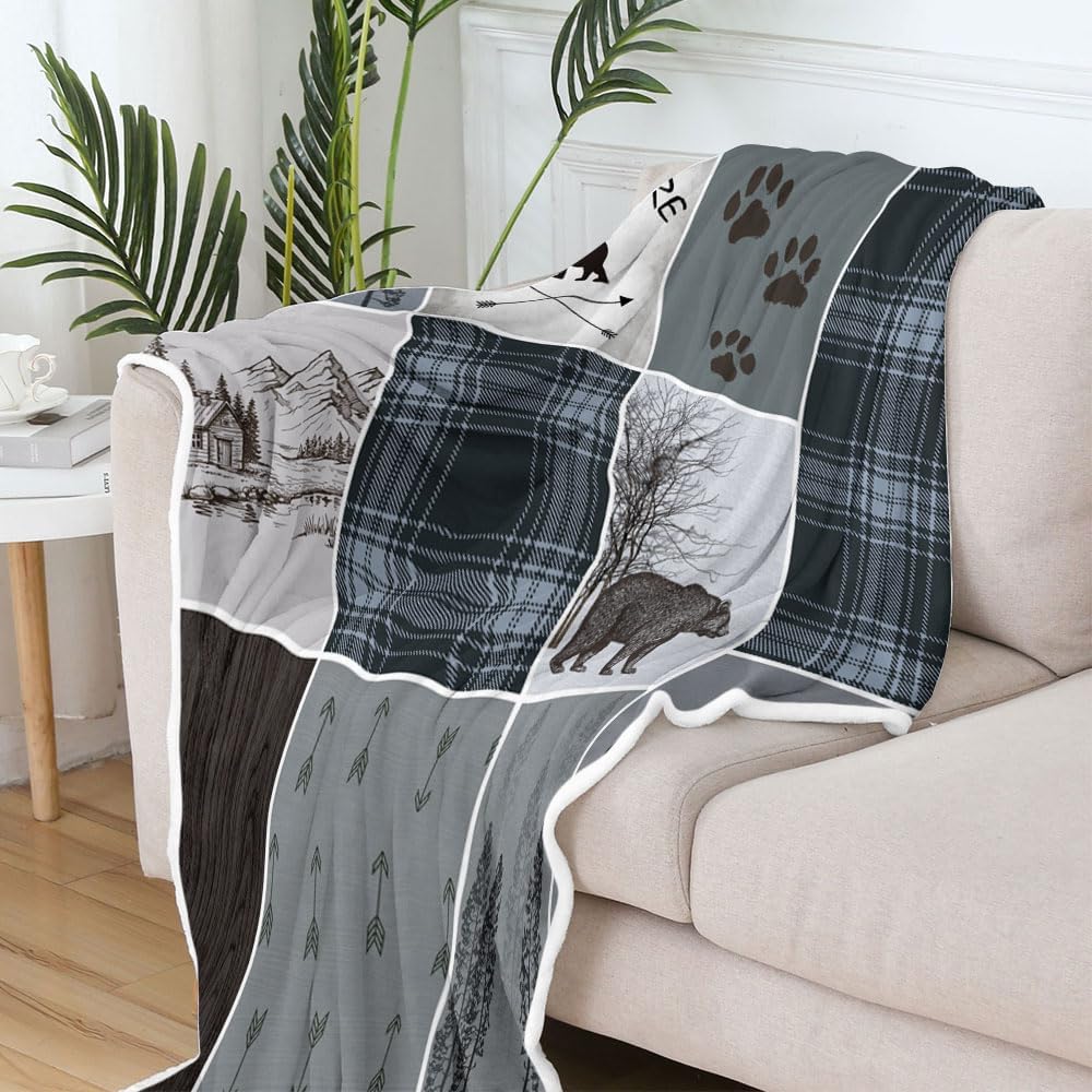 Rustic Cabin Bear Deer Weighted Thick Throw Blanket for Couch, Dusty Blue Hunting Camper Woodland Farmhouse Lodge Plaid Check Soft Cozy Chunky Fleece Flannel Blanket for Bed Office (50X60 Inches)
