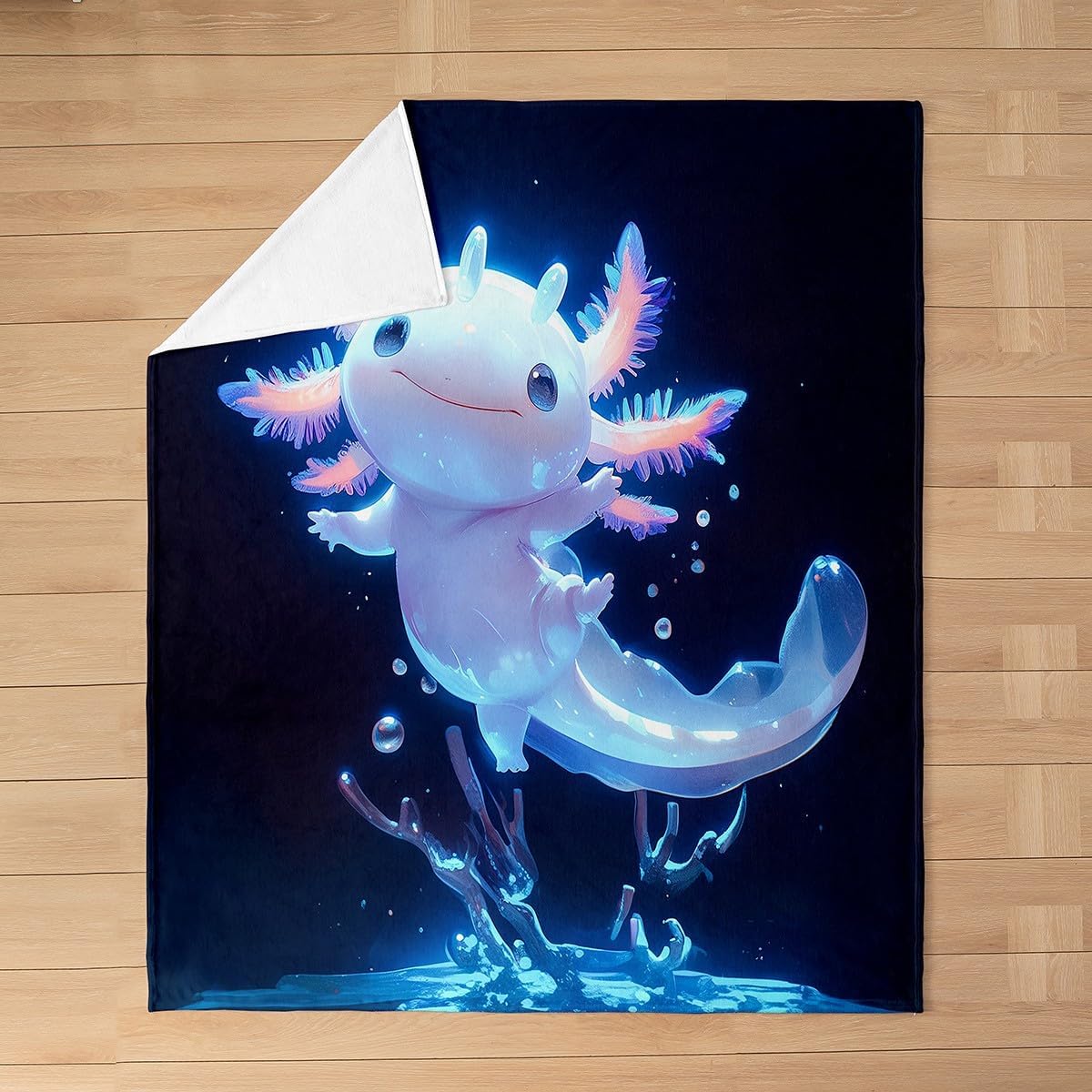 Feelyou Cute Axolotl Fuzzy Flannel Fleece Throw Blanket - Kawaii Ocean Sealife All Season Bed Blanket Gift for Women - Plush Throw 50"x60", Black Blue