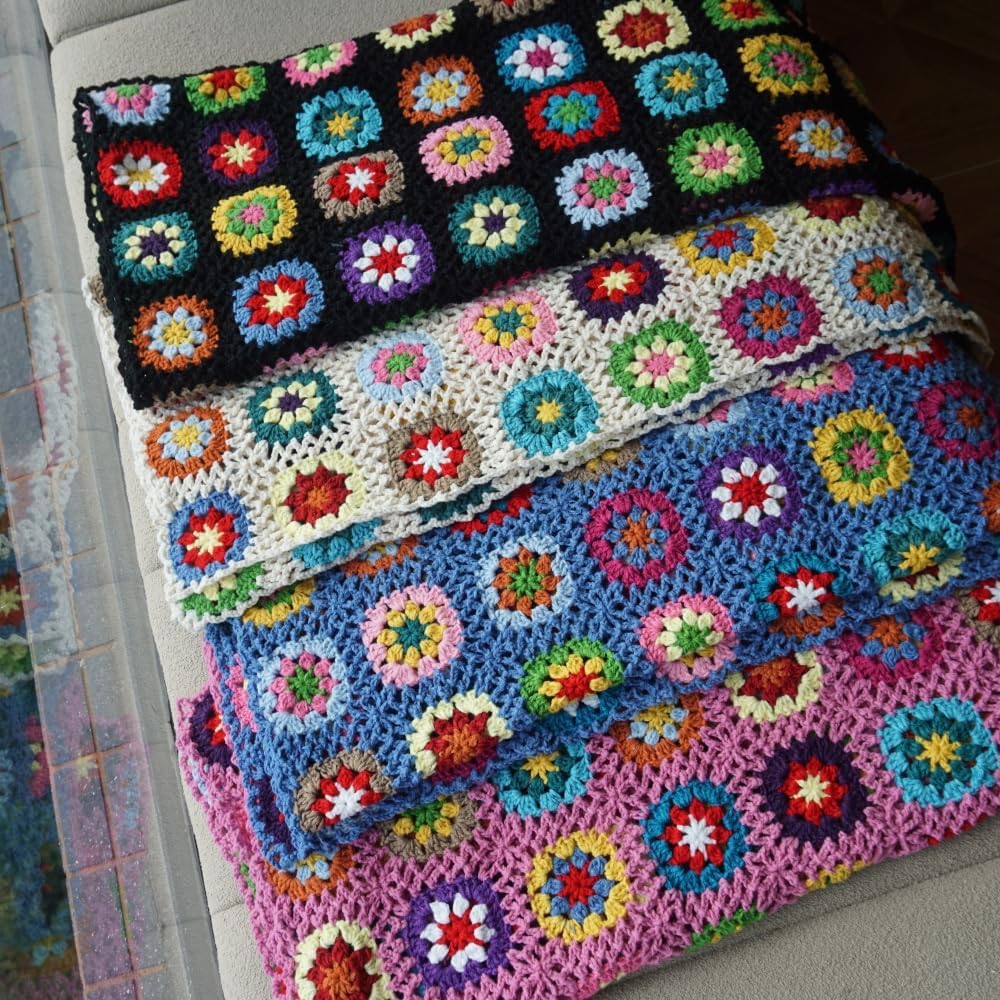 Handmade Granny Square Crochet Throw Blanket, Boho Patchwork Knitted Blanket for Couch Sofa Bed, Soft Decorative Afghan Blanket, Vintage Farmhouse Home Decor, Handmade Gift for Women59”x39”