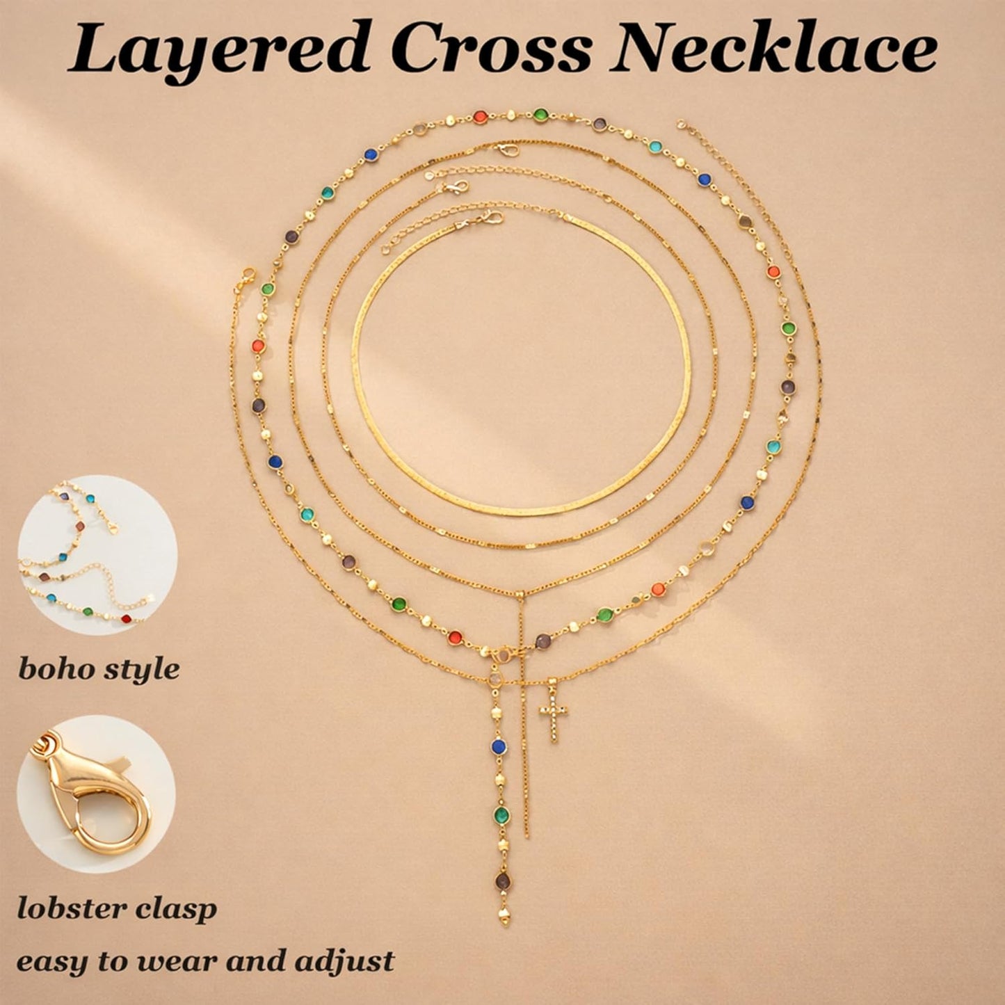 FAXHION 5PCS 14k Gold Plated Cross Necklaces for Women, Pendant Stacked Layered Diamond Y Long Boho Jewelry Sets Adjustable Accessories Trendy Gifts for Women