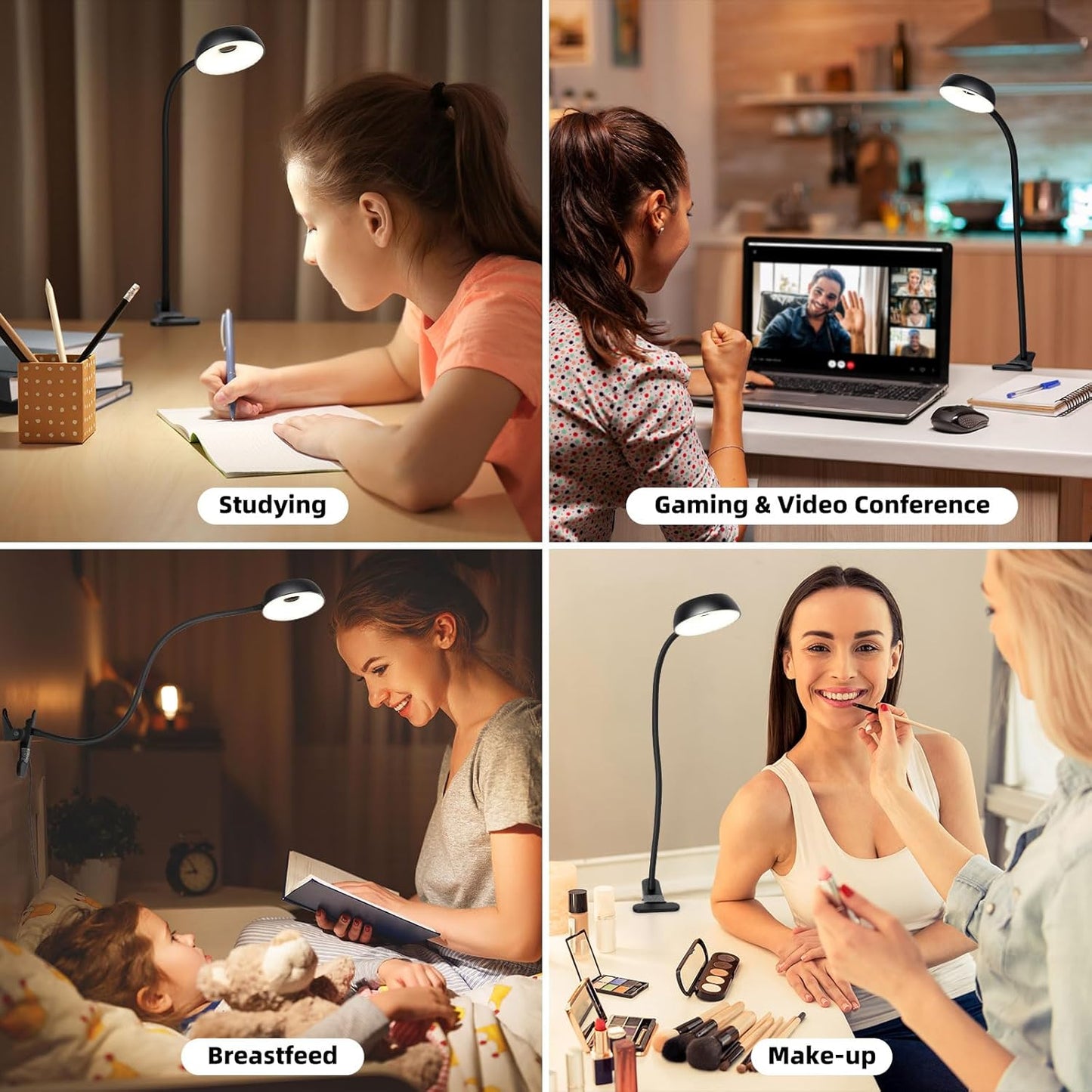 Clip on Desk Lamp 10-Level Dimming & 5 Color Modes Reading Book Light, Flexible Gooseneck Reading Light for Beds, Desks, Headboards - Eye-Friendly Night Light Clip on Light for Bed Bedside (Black)