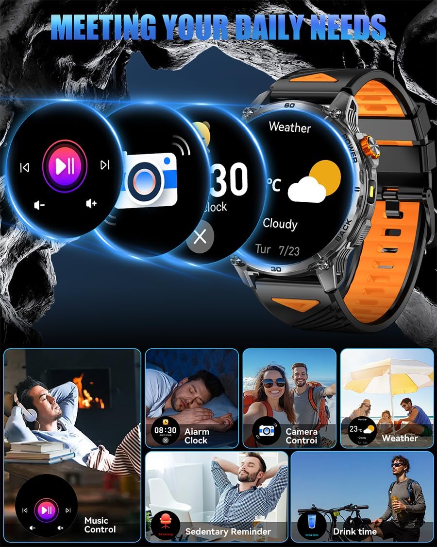 Military Smart Watches for Men,1000mAh/1.7" HD Large Screen Smartwatch, Led Flashlight, Answer/Make Calls,Waterproof,Heart Rate/Sleep Monitor/110+ Sport Modes Fitness Watch for Android/iPhone