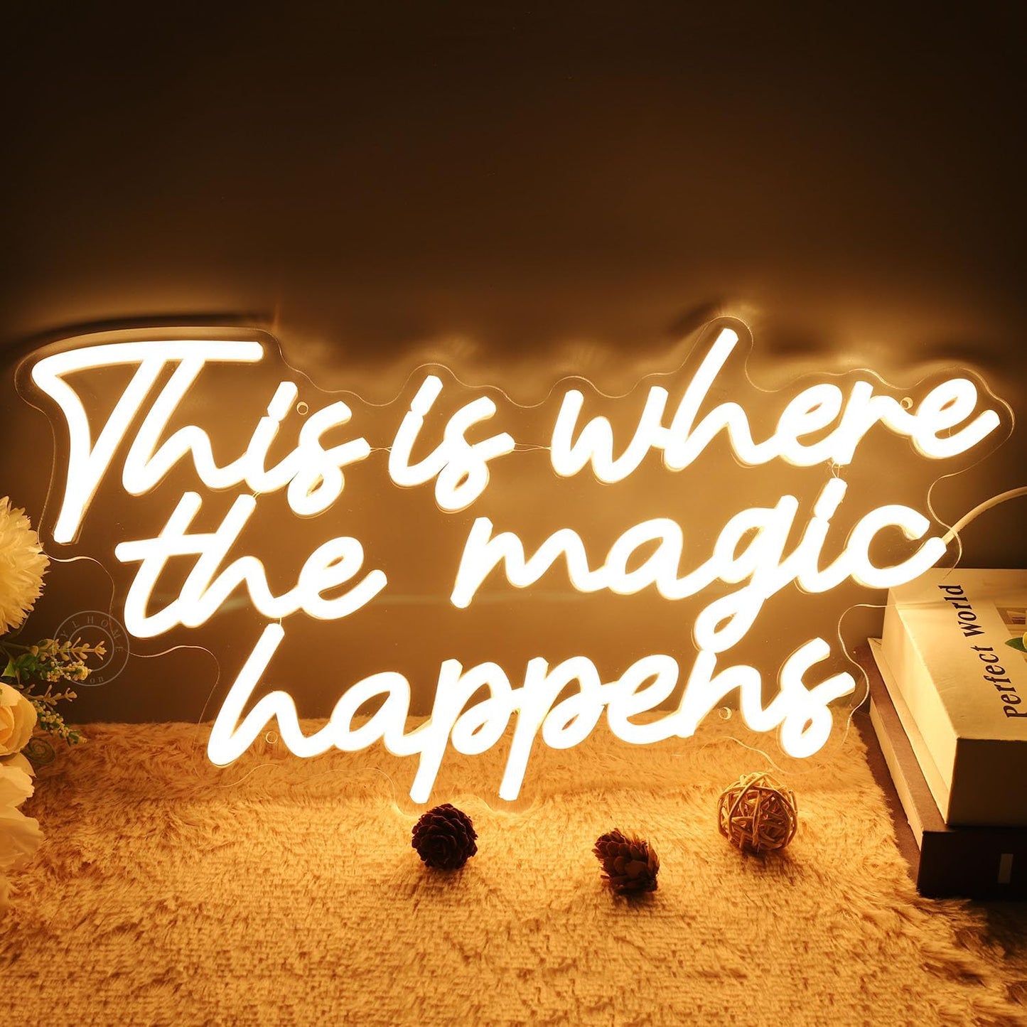 SYLHOME This Is Where The Magic Happens Led Neon Light Sign Bedroom Wedding Birthday Party Wall Decor Sign Bar Pub Kids Room Decoration USB 16.9" X 8.9" Warm White