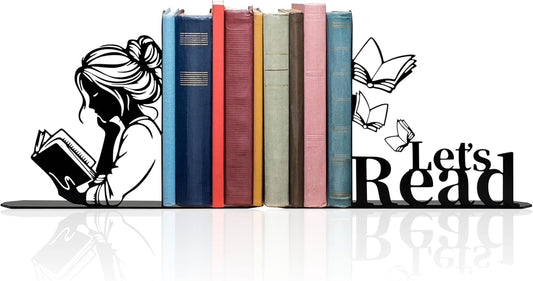 Metal Girl Reading Book Bookends，Lets Read Bookends for Shelves Bookshelf Decorative Objects Home Office Desk Bookshelf Decor Nice Gift for Women (Black)