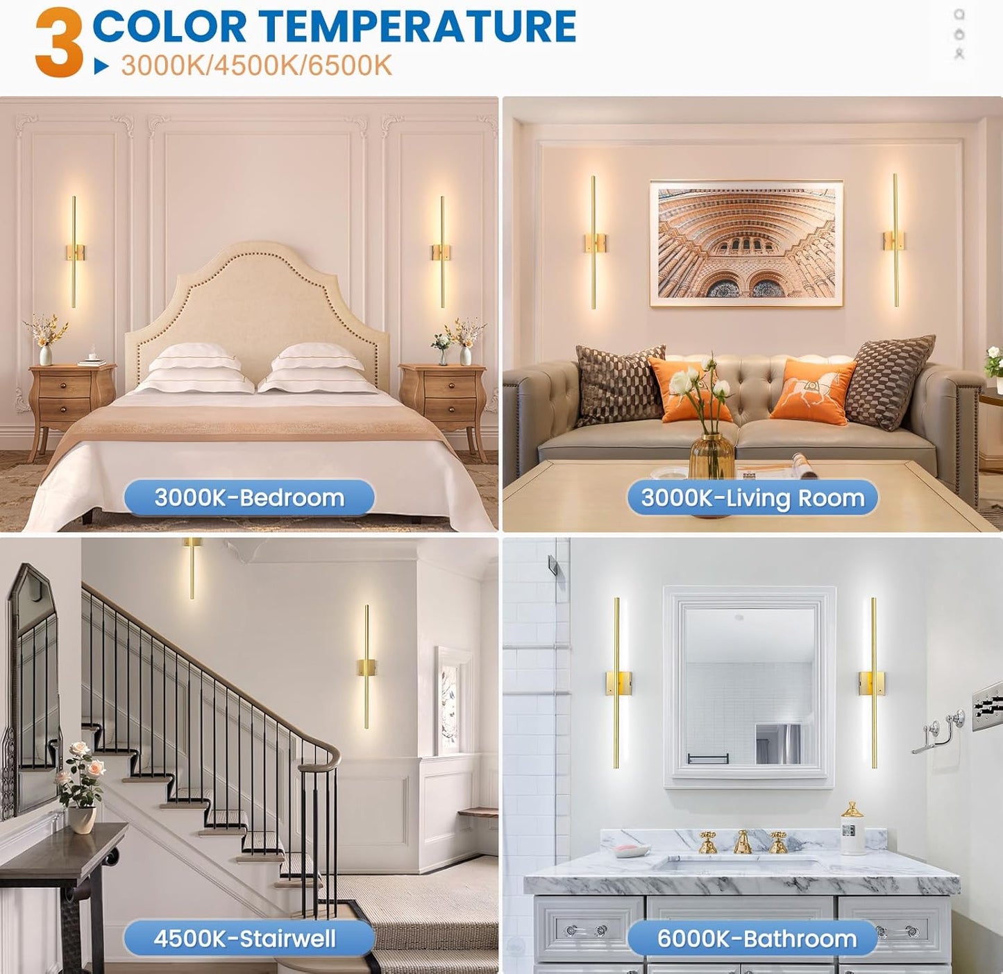 NIORSUN 28 Inch Battery Operated Wall Sconce Set of 2, 360° Rotation Gold Rechargeable Wall Lights with Detachable Tube and Remote, 3CCT Dimmable Wireless Wall Lamp for Living Room Bedroom Hallway