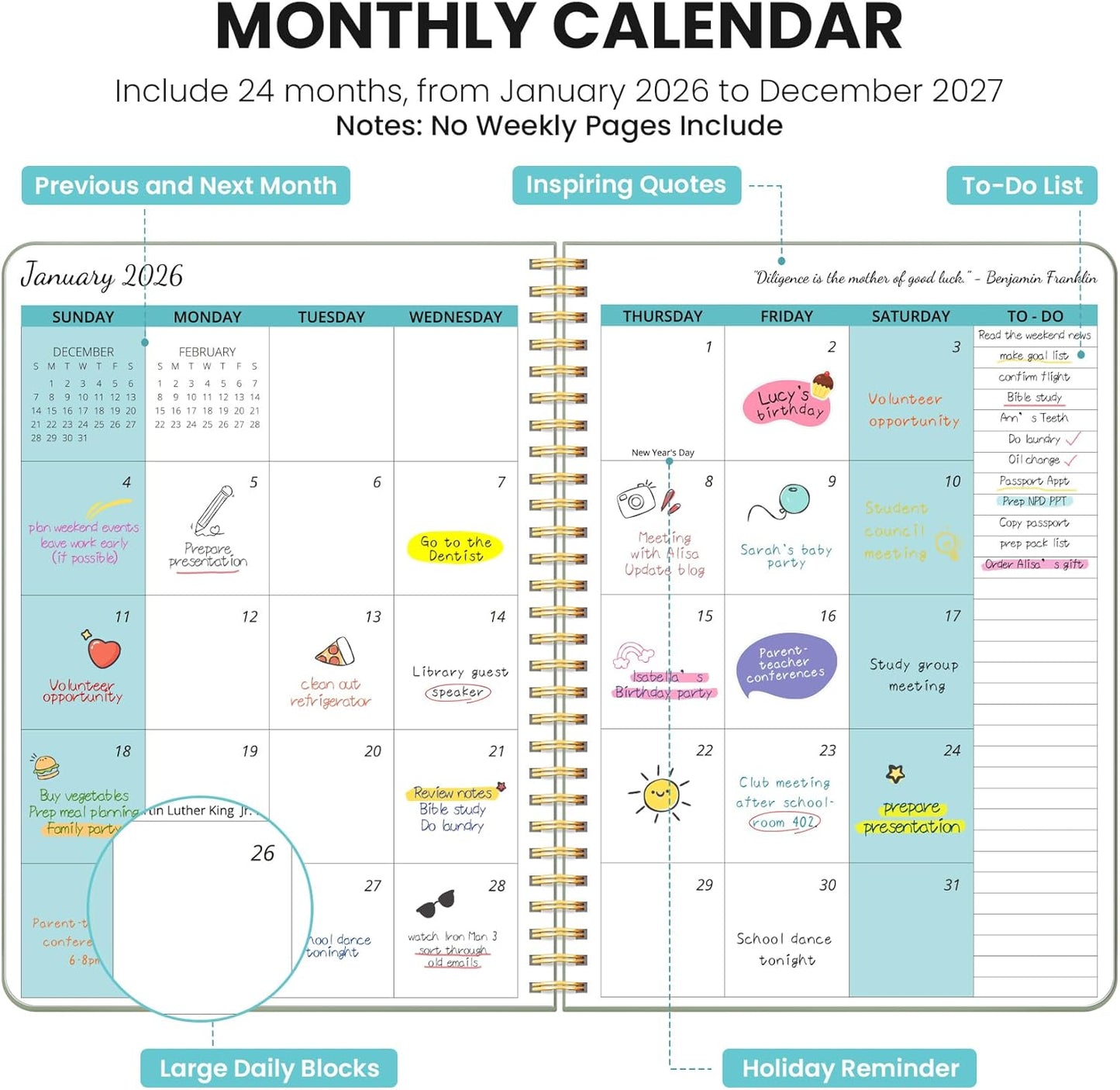 Monthly Planner 2026-2027, 2 Year Months Calendar Planner 2026-2027, Runs from January 2026 - Decembe 2027, 7" x 10", 24 Months, Perfect for School Office Home Planning - Green
