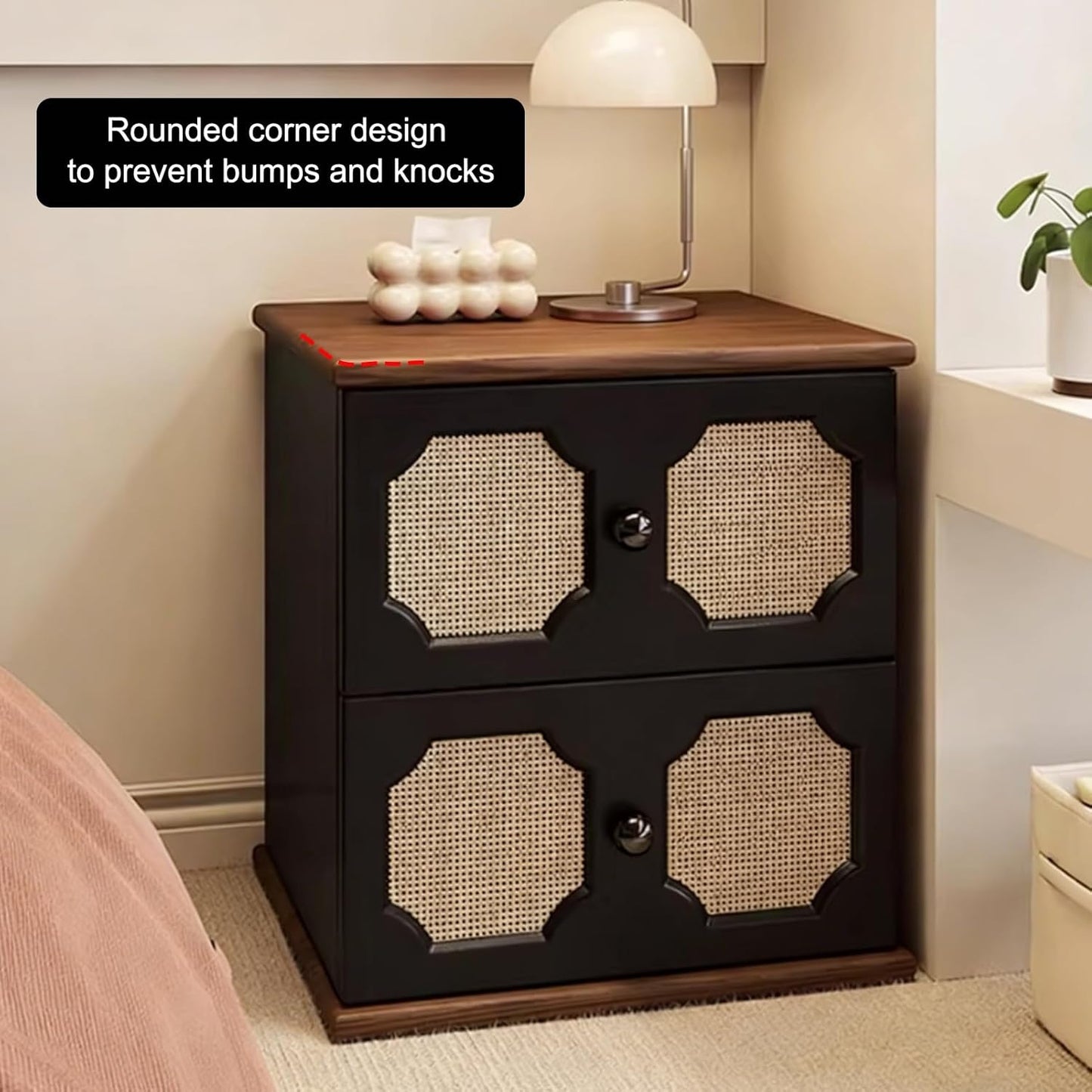 Rattan Night Stand, Solid Wood NightStand Mid-Century Vintage Bedside Table Leather Finish, Faux Wood Grain Countertop for Office/Living Room(Off-White,15.7x15x19.7in)