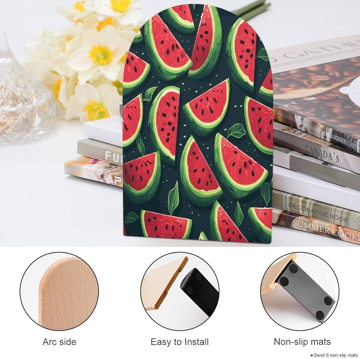 Red Watermelon Wooden Bookend Non-Slip Book Ends Heavy Duty Book Stopper with Metal Base Books Holderd Decorative Bookends Stands Firmly for Office Supplies