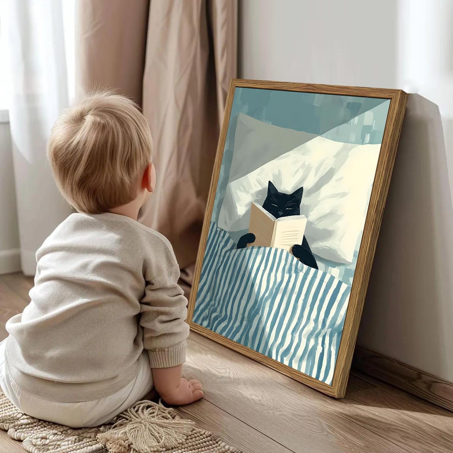 Framed Funny Black Cat Wall Art, Whimsical Cat in Stripe Bed Reading Wall Decor Painting Cute Animal Book Lover Blue and White Poster Canvas Print for Bedroom Living Room 16x24 inch Wood Framed