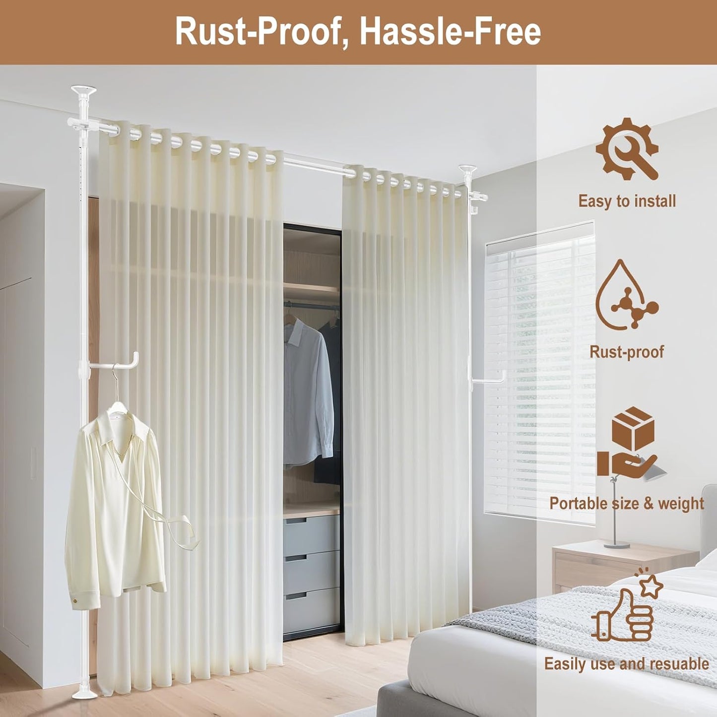 Seamless Room Divider Curtain Rod - No Drilling Space Partition Adjustable Privacy Separator, 4-10ft(H) 28-161inch(W) Adjustable, Heavy Duty Freestanding Tension Curtain Stand, White