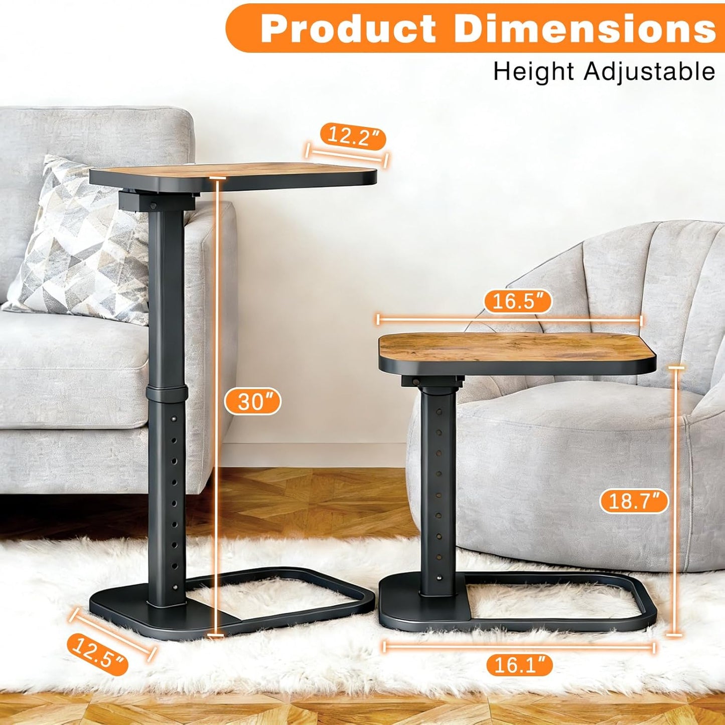 TV Tray Table, C Shaped End Side Table, Adjustable Height & Flip-Top & Rounded Metal Corners for Couch, Sofa, Bed, Chair, Living Room, Dinner or Laptop, Small Spaces