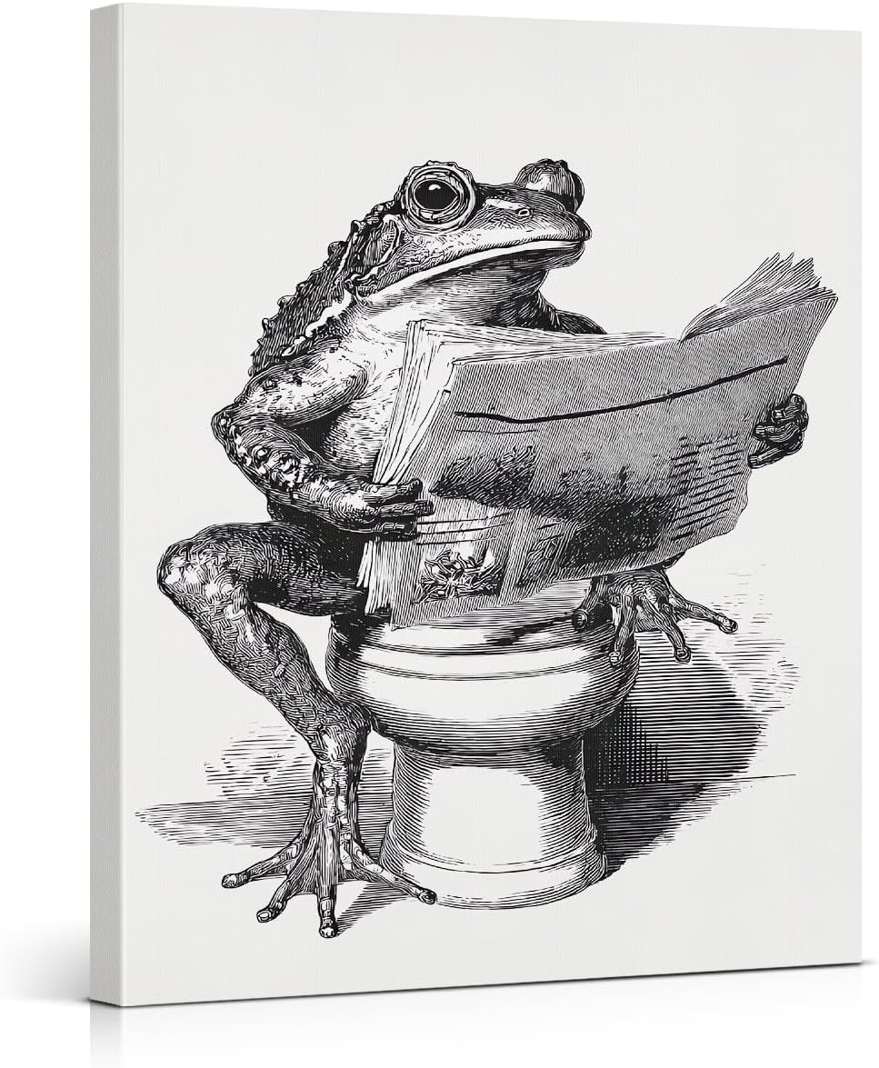 Funny Retro Toad Bathroom Wall Art Decor Toad Reading Newspaper on Toilet Print Picture Funny Animal Bathroom Wall Decor 11x15 Inch Canvas Framed