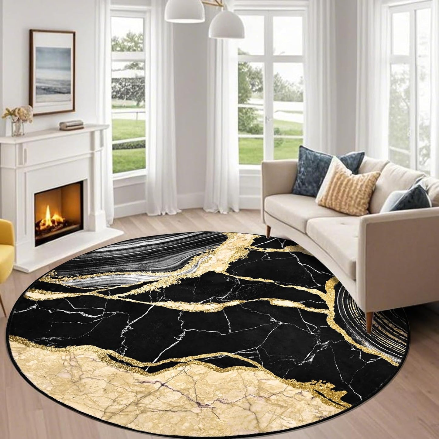 ASPMIZ Black and Gold Round Rug 4ft Washable Round Area Rug for Living Room, Faux Wool Marble Bedroom Rugs Non Slip, Soft Modern Floor Carpet Low Profile Rugs for Dining Room Home Office Decor