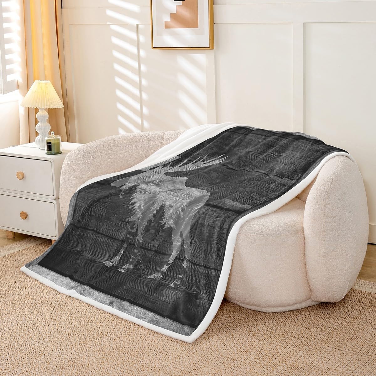 Castle Fairy Moose Cabin Throw Blanket Wild Animal Jungle Pine Trees Silhouette Fleece Blanket for Kids Teens Adults Gray Wooden Stripes Grid Rustic Fuzzy Blanket for Housewarming Queen