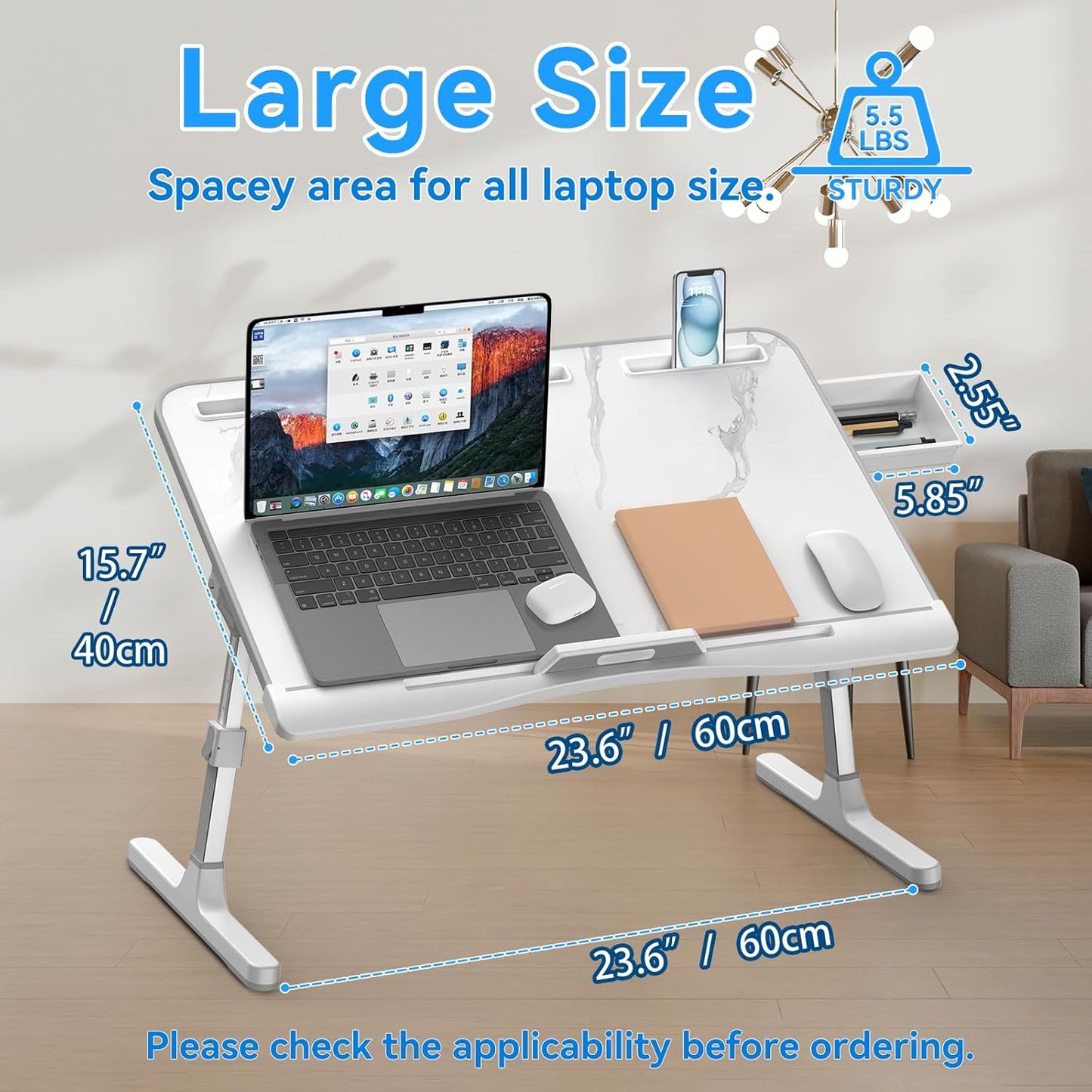 Laptop Bed Desk, Adjustable Laptop Lap Desk with Drawer, X-Large Foldable Bed Table Tray for Bed Couch Floor Desk Writing Working Reading Eating Painting (Marble, 23.6"×15.7")