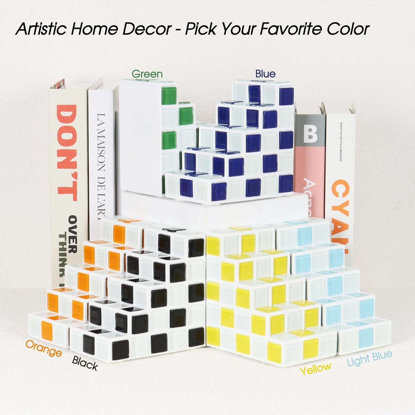 Decorative Bookends for Shelves - Stair Book Ends for Heavy Books - Unique Book Stopper & Holder for Shelves - Modern Home Decor Aesthetic Bookshelf Decor (Light Blue & White)
