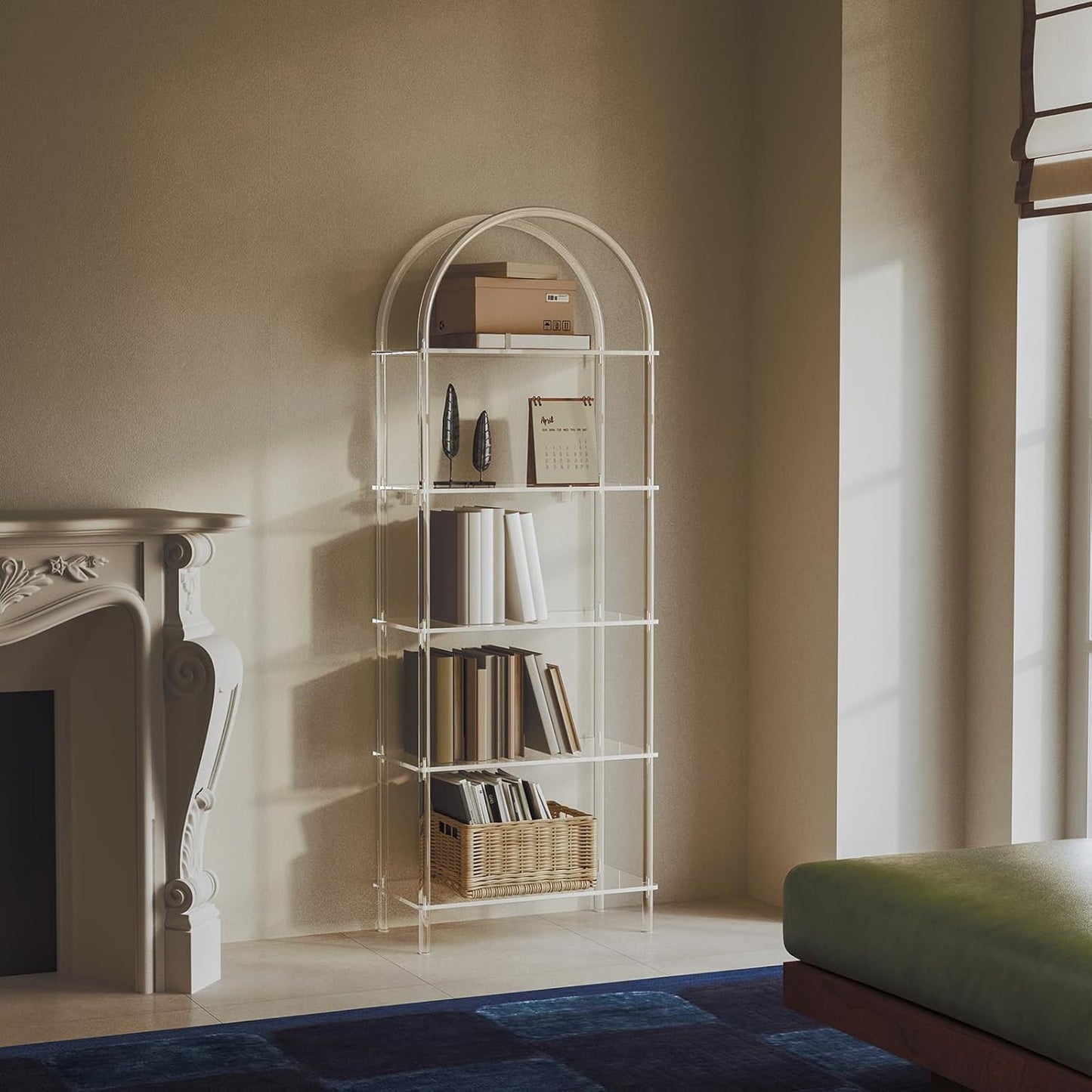 Acrylic Arched Bookshelf, 5-Tier Clear Bookcase, Modern Open Book Shelves for Home Office, Bedroom, Living Room, 11.8" D x 23.64" W x 65.7" H
