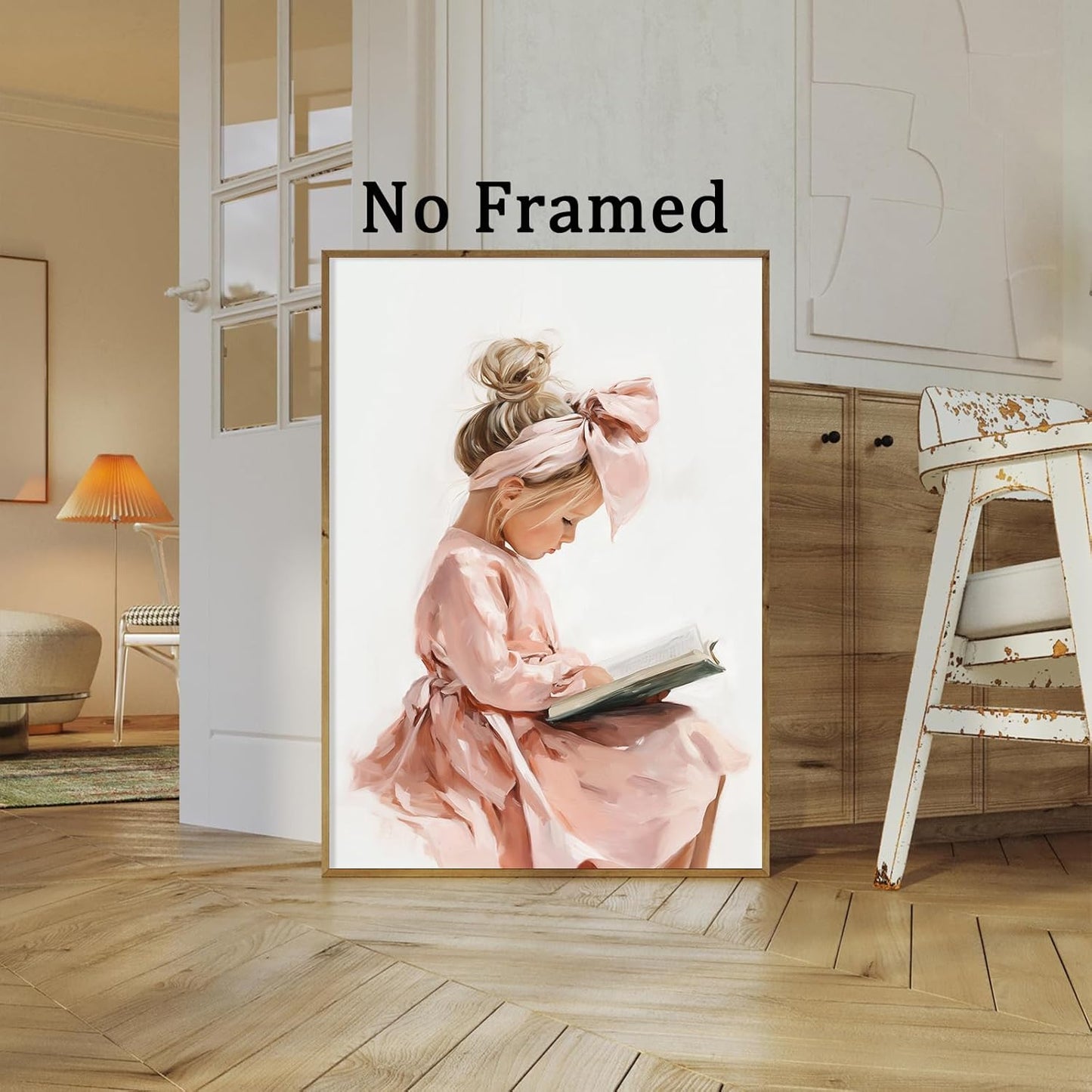 Girl Reading Book Painting Preppy Trendy Poster Coquette Pink Bow Picture for Library Reading Room Book Lovers Poster Cute Pink White Bow Paintings Aesthetic Girly Wall Art Dorm 16x24in Unframed