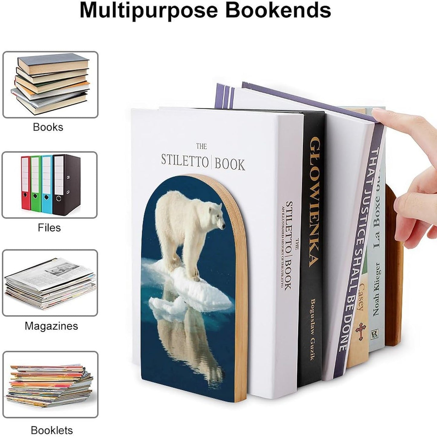 Polar Bear Wooden Bookend Non-Slip Book Ends Heavy Duty Book Stopper with Metal Base Books Holderd Decorative Bookends Stands Firmly for Office Supplies