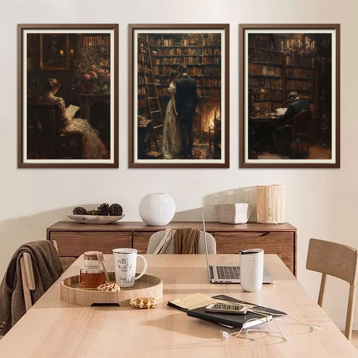 3Pcs Dark Academia Canvas Wall Art Vintage Victorian Couple Read Wall Decor Pictures Moody's Dark Library Posters Prints Gothic Lovers Paintings for Study Gallery Living Room Home Decoration Unframed