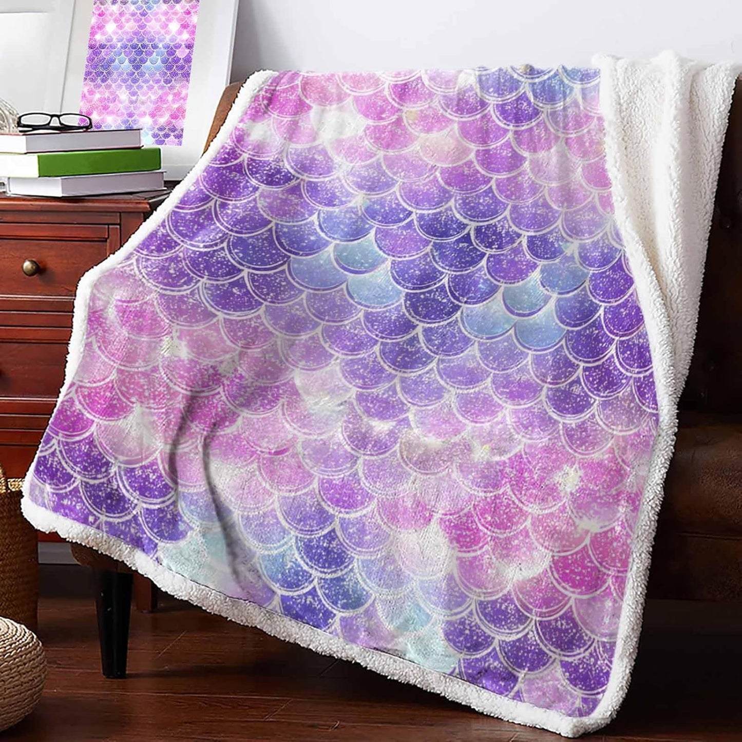 Sherpa Mermaid Fleece Blanket,Ombre Mermaid Charming Fish Scale Bed Blanket Soft Cozy Luxury Blanket 40"x50", Fuzzy Thick Reversible Super Warm Fluffy Plush Microfiber Throw Blanket for Couch