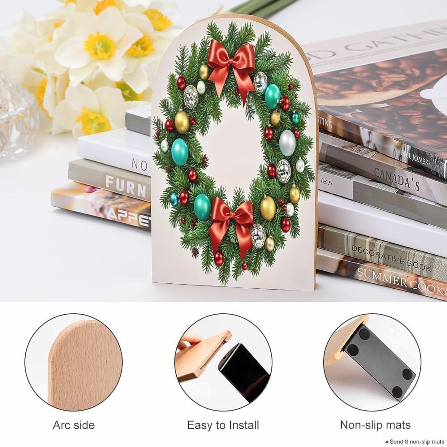 Christmas Wreath of Evergreen Branches Bookends 1 Pair Heavy Duty Book Ends for Shelves Non-Skid Bookend Supports Wooden Book Holders with Metal Base Desk Organizers Books Storage to Hold Books