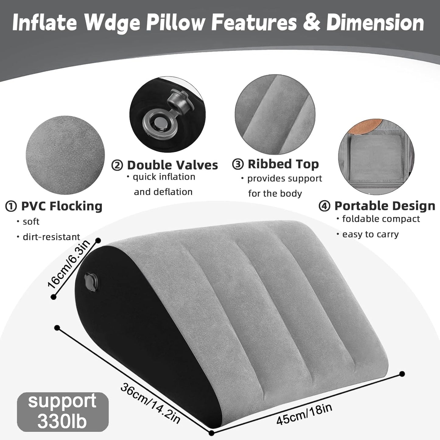 TheClover Inflatable Wedge Pillow for Sleeping & Travel - Portable Leg Elevation Pillow with Eye Mask, Adjustable Bed Wedge for Acid Reflux,Camping, Car, Office,Airplane (Grey)