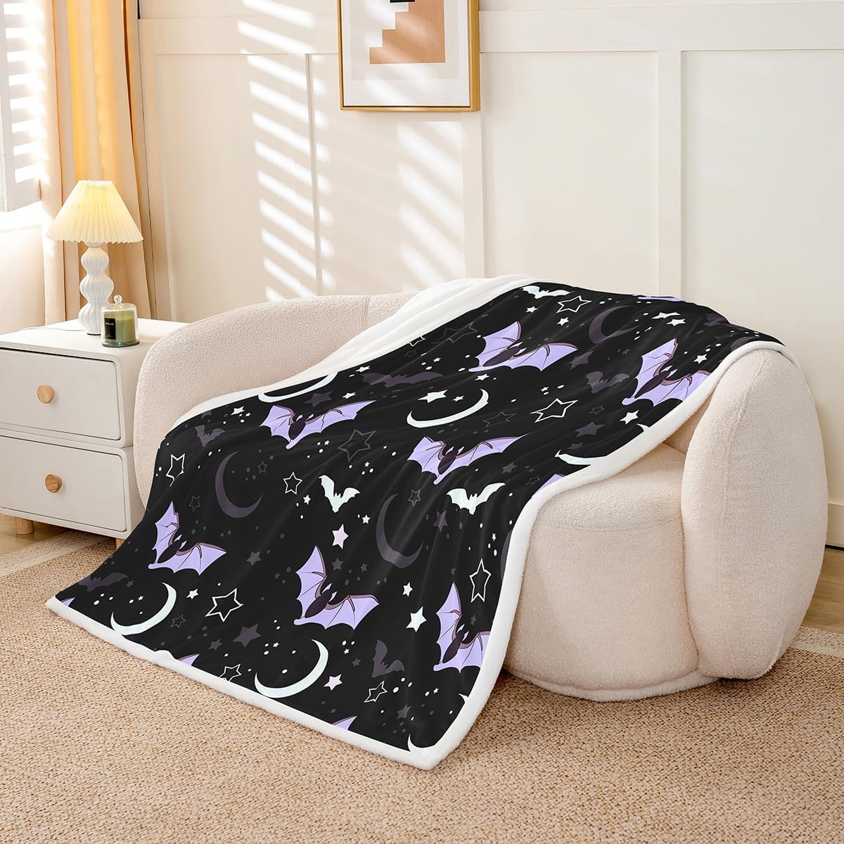 Purple Moon Galaxy Fleece Blanket - 50"x60", Cartoon Bat & Gothic Halloween Throw with Glitter Stars