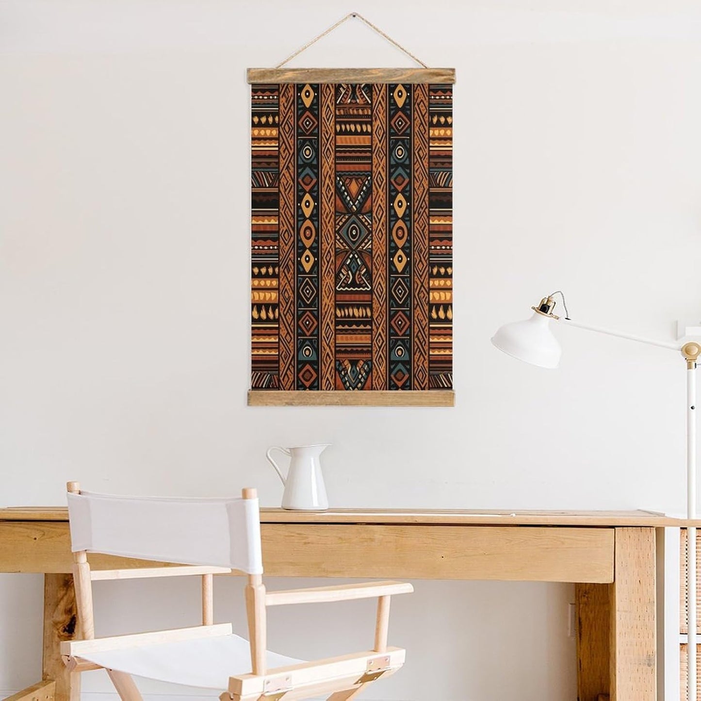 Vintage Traditional African Design Pattern Poster with Wooden Frame Personalized Linen Hanging Scroll Painting Rustic Wall Hanging Illustrative Modern Artwork Decor for Home Living Room Bedroom Office