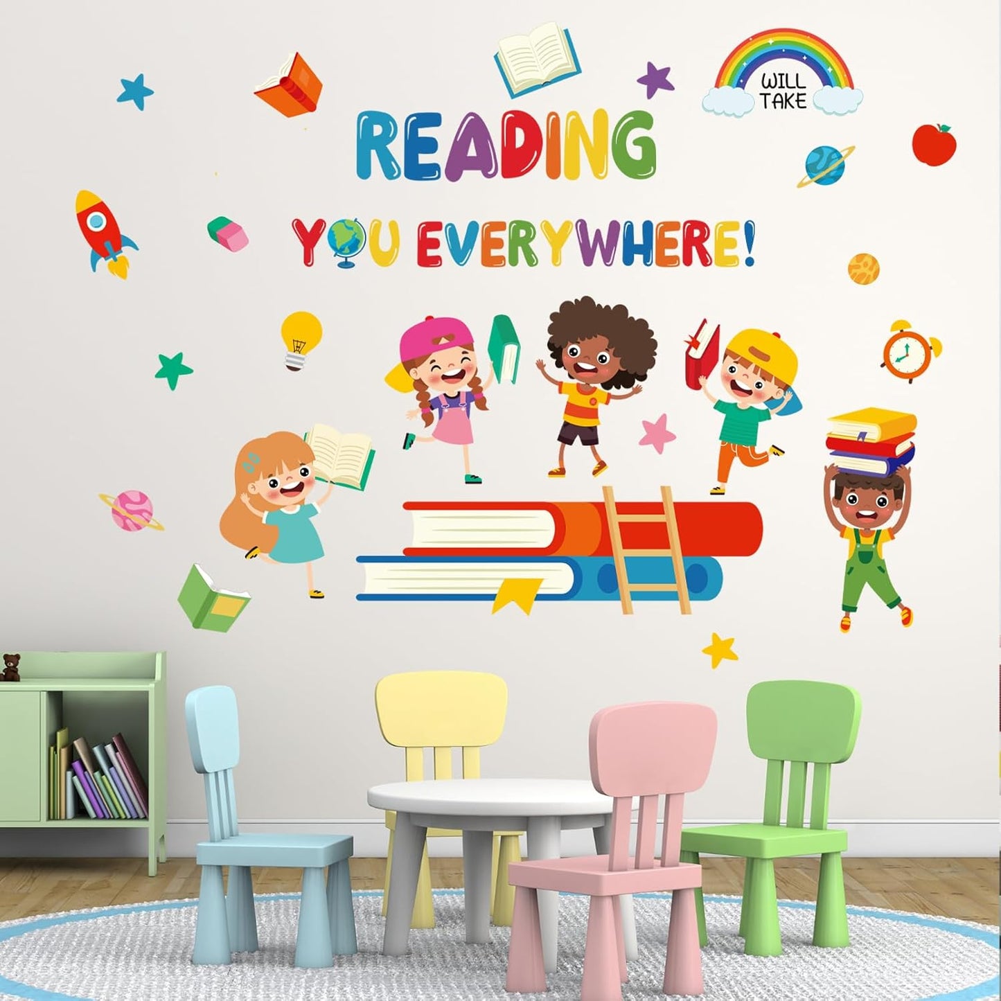 Reading Everywhere Wall Stickers - Inspirational Quotes Rainbow Book Wall Decals - Baby Nursery Kids Room Daycare Playroom Classroom Wall Decor (Read)