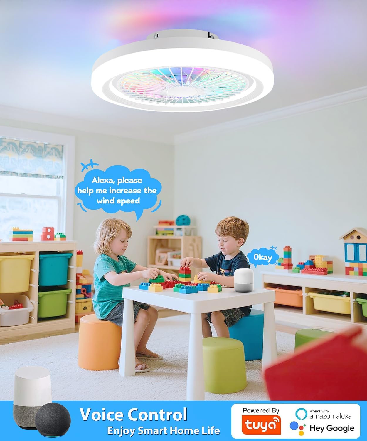 2-in-1 Low Profile Ceiling Fan with Light, 20” Caged Safety Design for Kids - Back RGB Color, Smart APP/Remote Control, Quiet Flush Mount DC Motor, Ideal for Bedroom/Living Room/Kitchen, White
