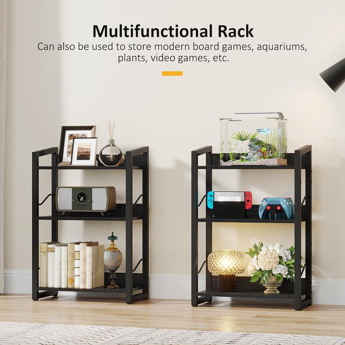 Hosfais Book Shelf Small Bookshelf - 3-Tier Wood Bookcase Industrial Bookshelf Metal Narrow Bookcase Storage Organizer Display Rack for Bedroom Living Room Home Office (Black)