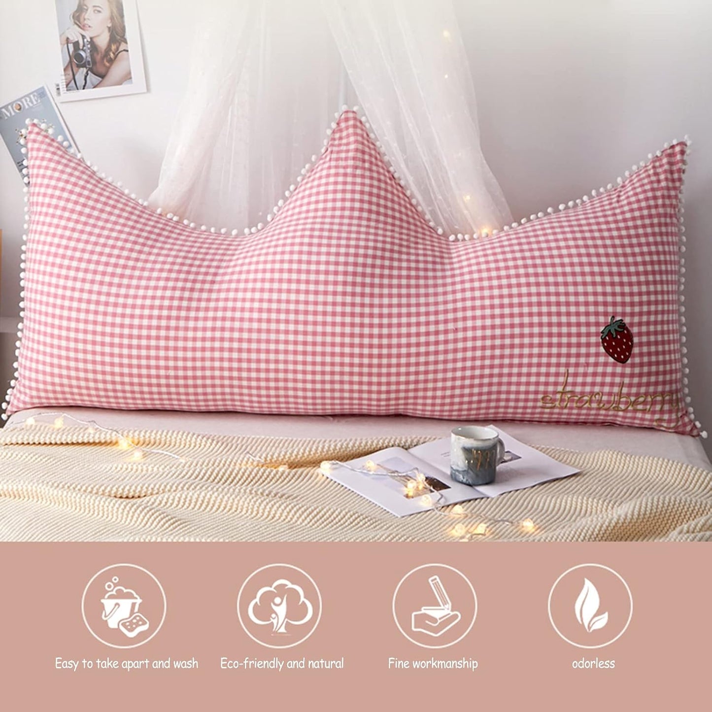 Cute Princess Crown Headboard Backrest,Girls Reading Pillow Bedside Cushion,Support Waist Backrest,for Daybed Tatami (Color : Grey Grid, Size : 12080cm)