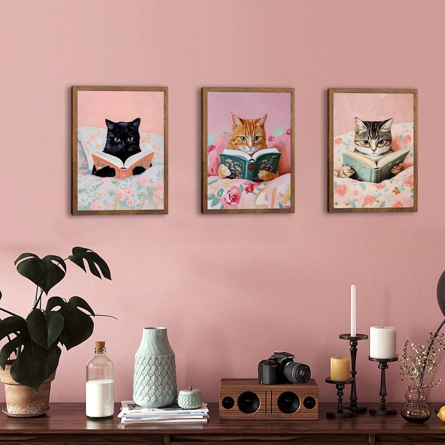 Cute Cat Wall Art Set of 3, Vintage Funny Black Cat Book Canvas Wall Decor, Pink Animal Reading Books Picture Print for Boby Room Bedroom Living Room Home Decor 12x16 Wood Framed