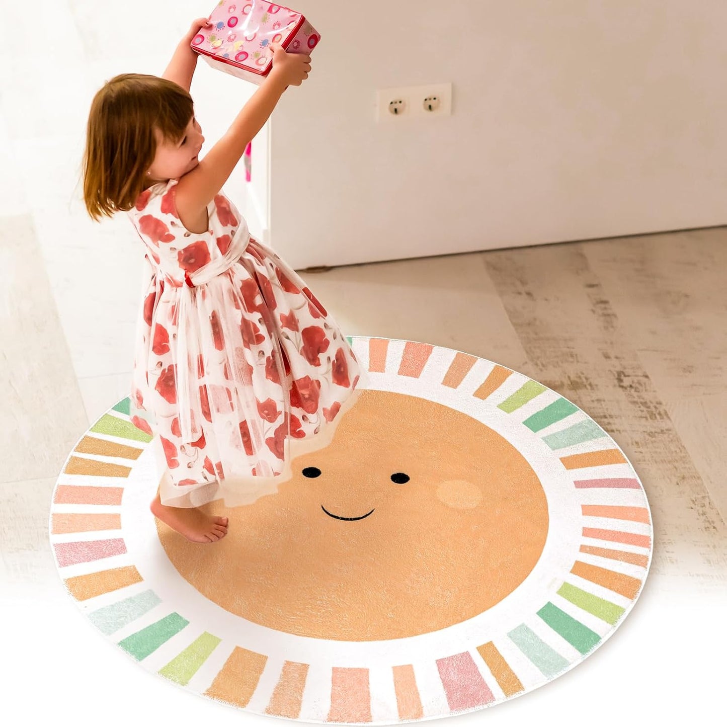 Boho Sun Round Rug 4 Ft Cute Colorful Sunshine Circle Area Rug Washable Non-Slip Throw Soft Carpet for Home Kindergarten Reading Nook Playroom Living Room Dining Room Decor