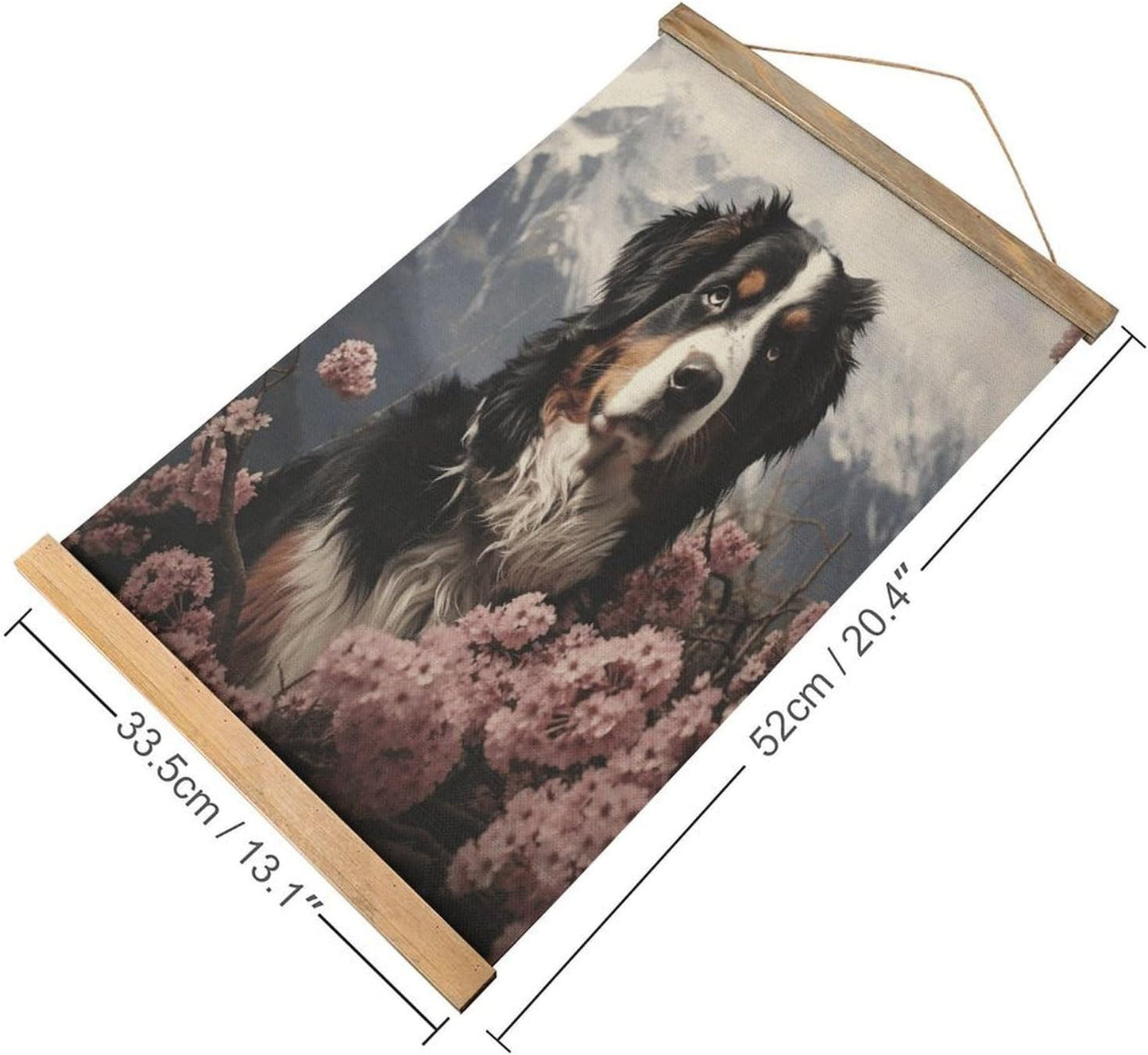 Vintage Bernese Mountain Dog Poster with Wooden Frame Personalized Linen Hanging Scroll Painting Rustic Wall Hanging Illustrative Modern Artwork Decor for Home Living Room Bedroom Office