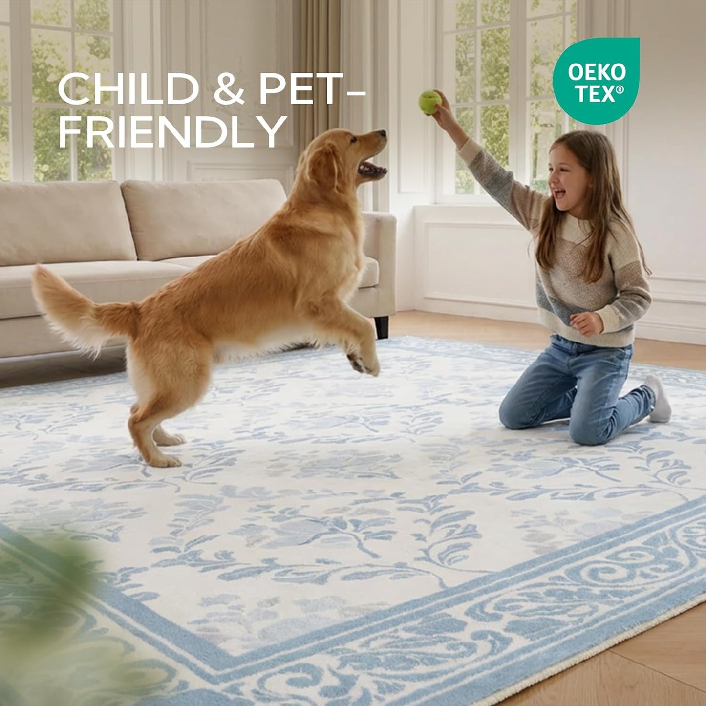 SOULFUL Medium Pile 3x5 Area Rug - Soft Underfoot Small Entryway Rug - Mist Blue Boho Floral - Washable Non-Slip - Perfect for Living Room Bedroom Foot Kids Room Reading Nook