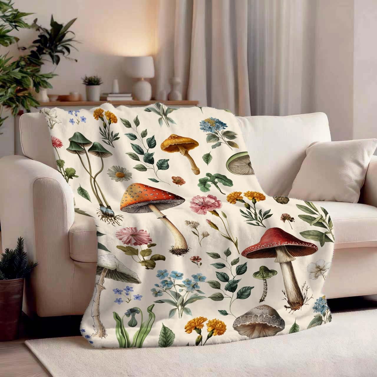 MASLEK Mushroom Floral Blanket Cozy Soft Flannel Throw Vintage Beige Botanical Nature Design Lightweight Warm Blanket for Couch Bed Sofa Gift for Women Men, 50x60 Inch