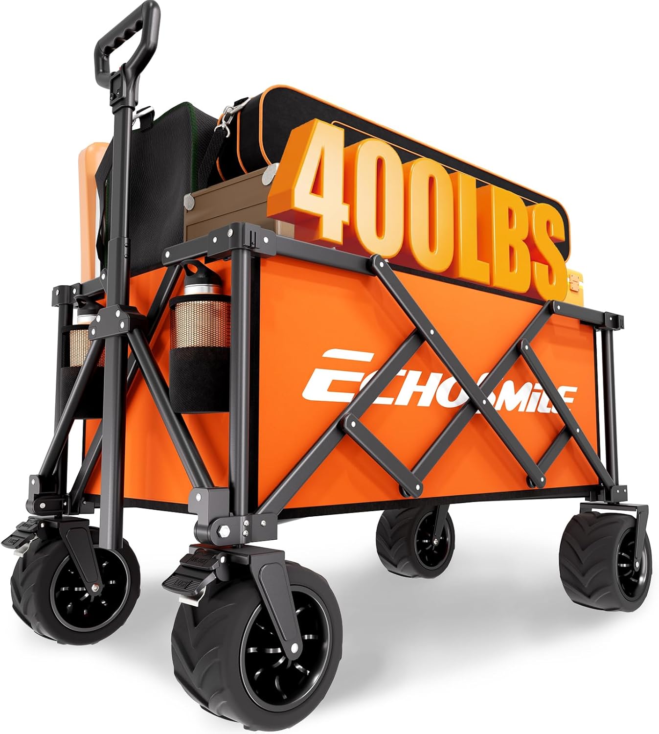 EchoSmile Collapsible Folding Wagon Cart with Compact Storage - 400Lbs Capacity All Terrain Utility Cart for Camping, Beach, Grocery, Gardening(Orange)