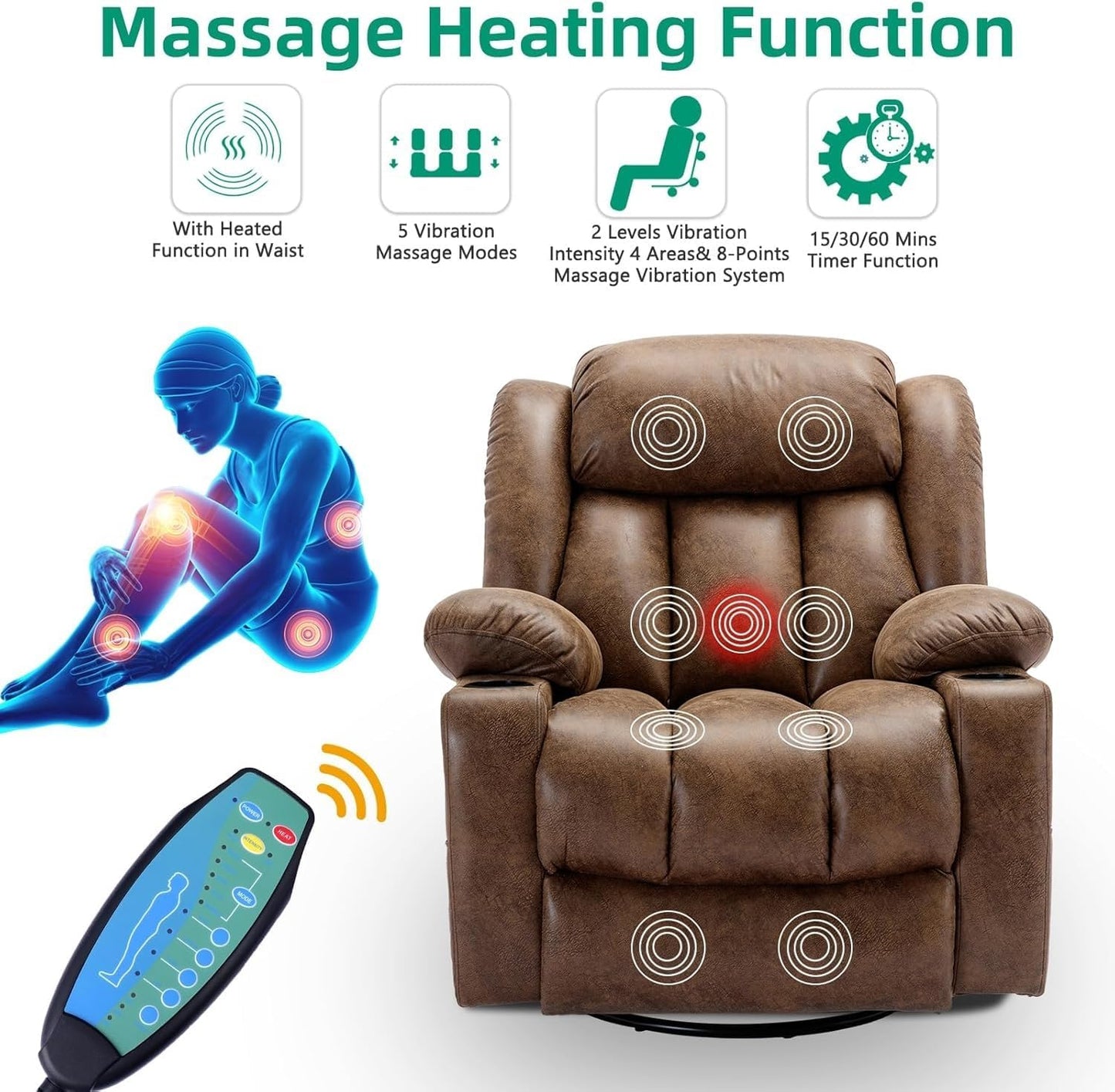 Power Recliner Chair with Heat and Massage, 360 Degree Swivel Rocking Glider Recliner for Living Room, Recliner with 2 Cup Holders, USB Ports & Side Pockets for Adults