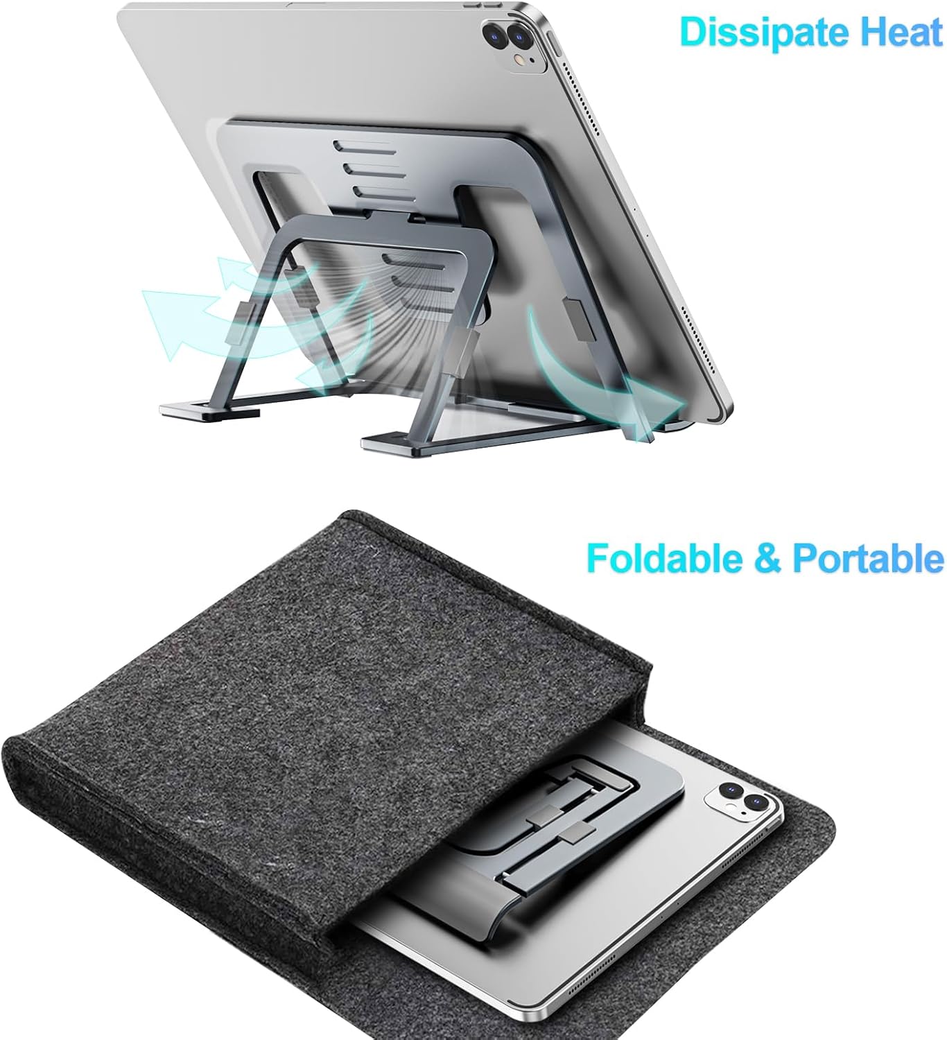 Tablet Stand Adjustable & Foldable, Slim Portable Aluminum Tablet Holder for Desk, Compatible with iPad Pro/Air/Mini, Samsung Tab, Surface Pro, Kindle Fire (7-13") (Gray)