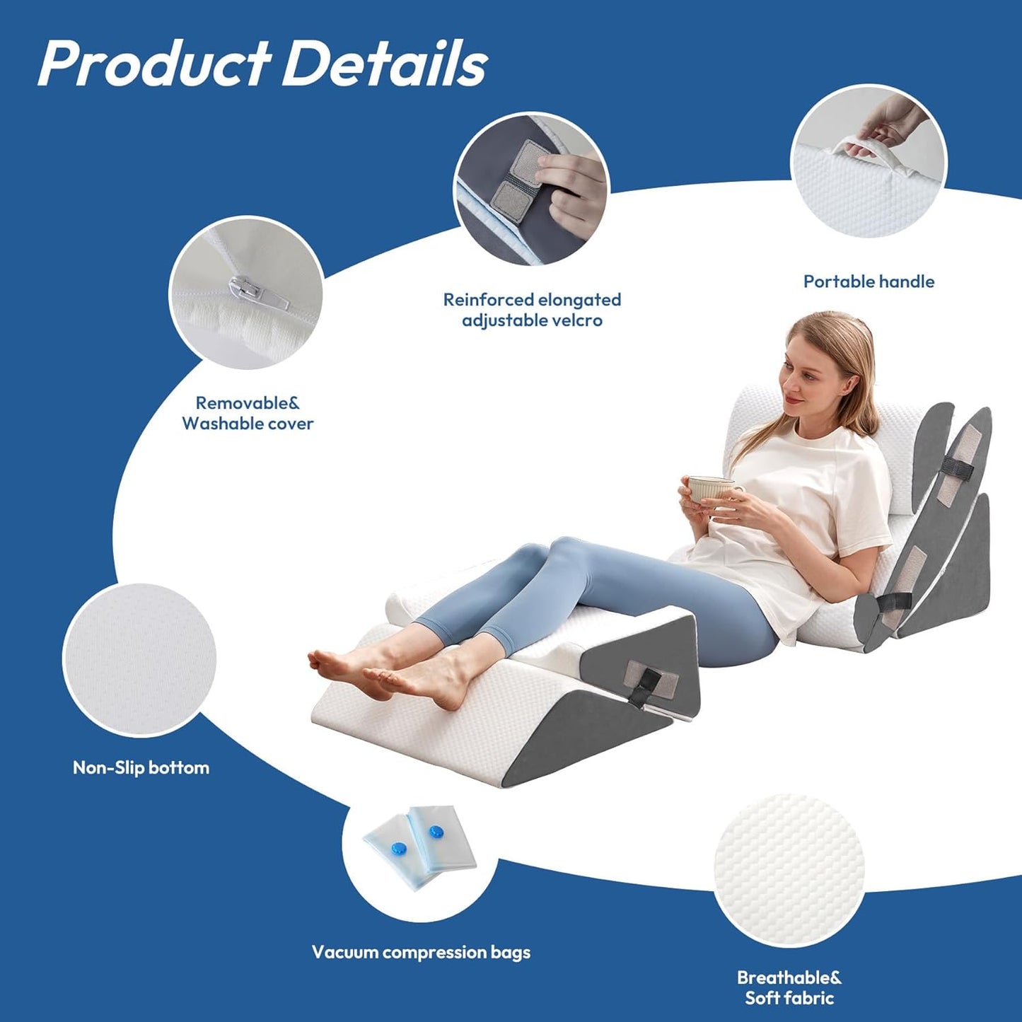 6PCS Wedge Pillow Set for After Surgery, Bed Wedge Pillow Post Surgery, Bed Pillows for Sitting Up, Sleeping, Acid Relux, Memory Foam Back Pillow, Beds Wedges & Body Positioners, White/Grey