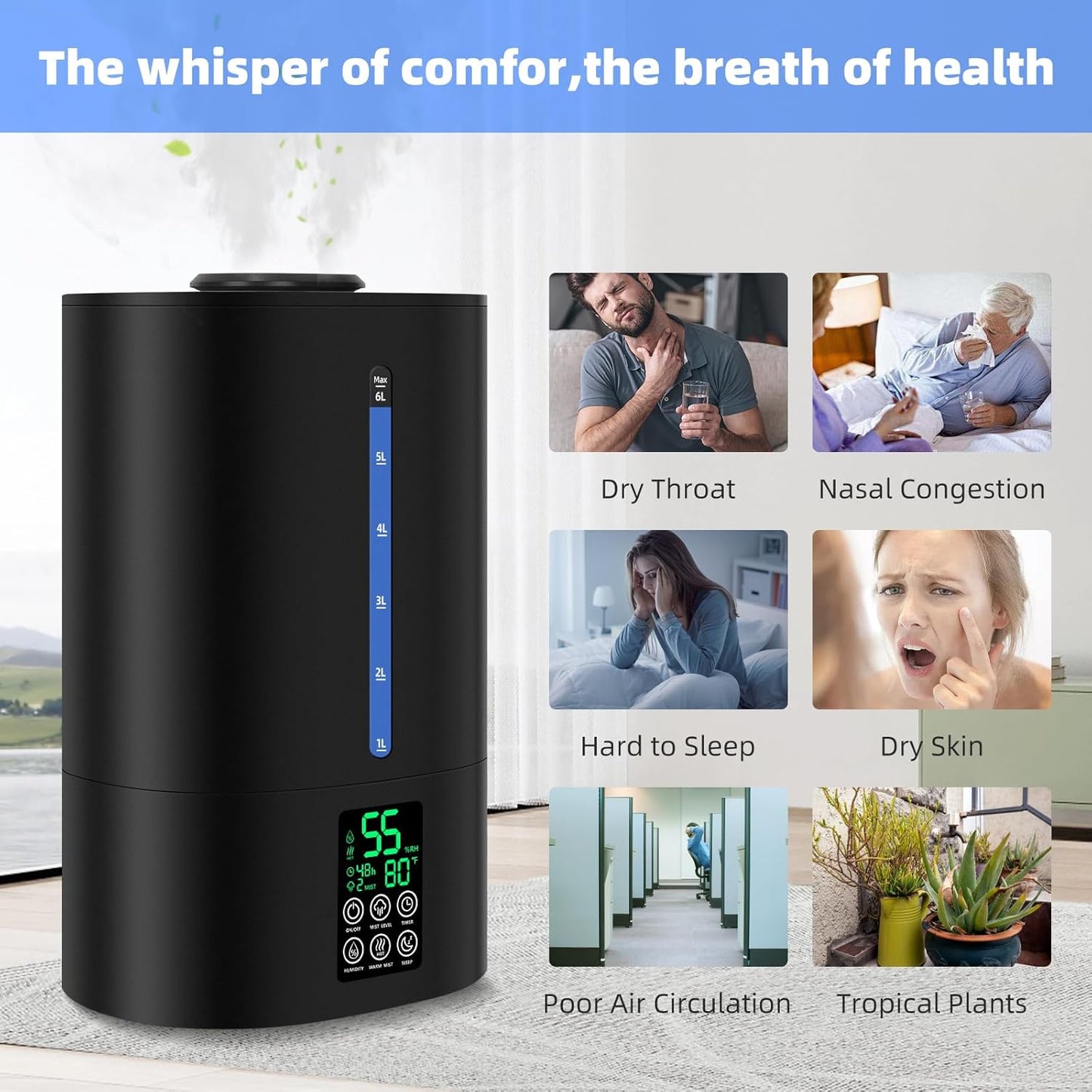 6L Humidifiers for Bedroom Large Room Home,Cool and Warm Humidifier for Baby and Plants Hot Mist Top Fill Desk Humidifiers Oil Diffuser,Quiet,Adjustable Mist,360°Nozzle-Black(2026 Upgraded)