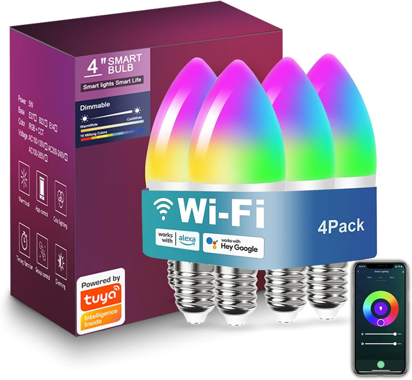 4 Sets E14 5W RGBCC Smart Light Bulbs with Adjustable Color Temperature Compatible with Alexan Google Assistant, 14MM Small Base Candle Light Suitable for Parties or Home Decoration