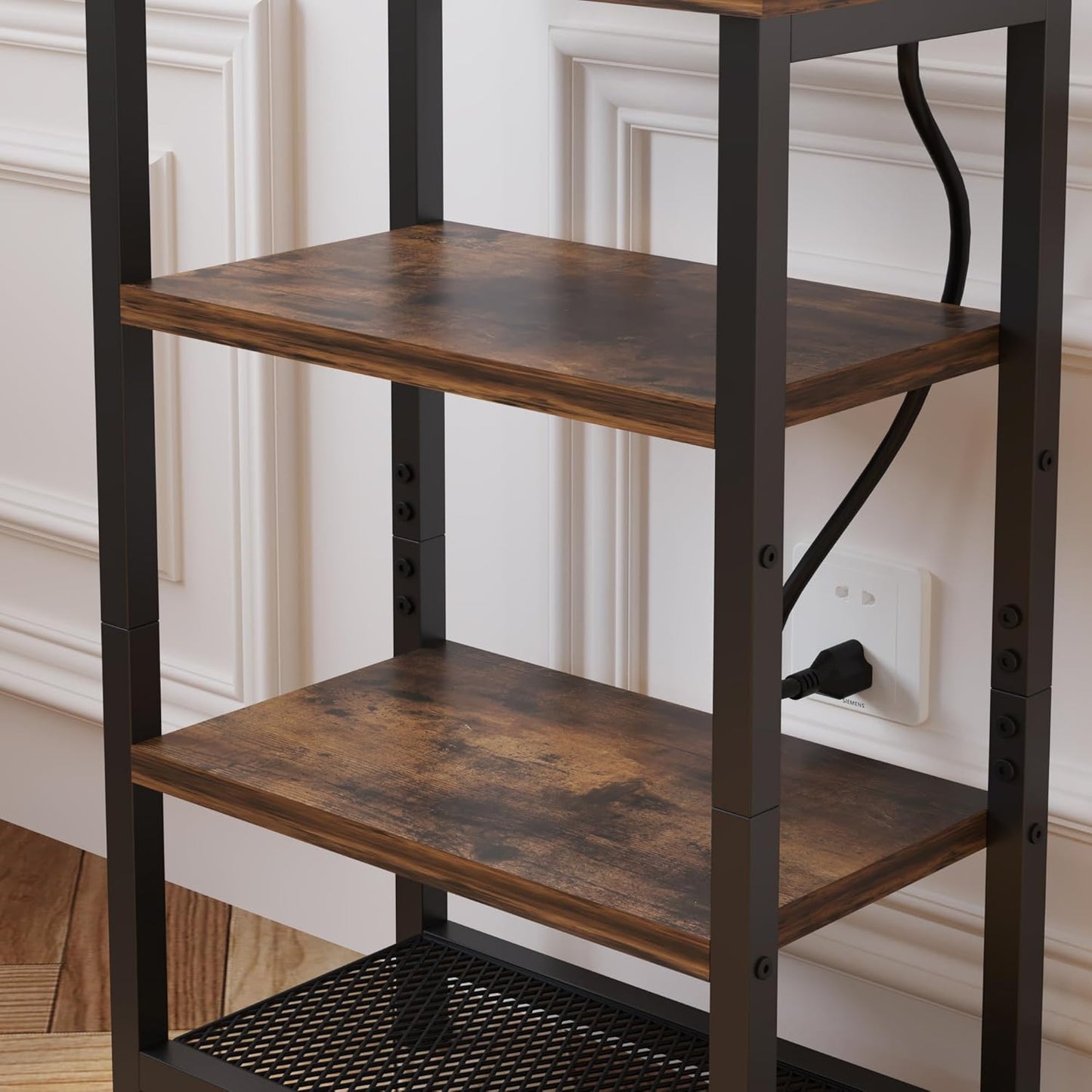 Narrow Nightstand with 4-Tier Shelves, Small Side Table with Charging Station, Skinny Nightstand with Bookshelf, Thin End Table with USB Ports and Outlets, Bed Side Table for Bedroom, Home Office