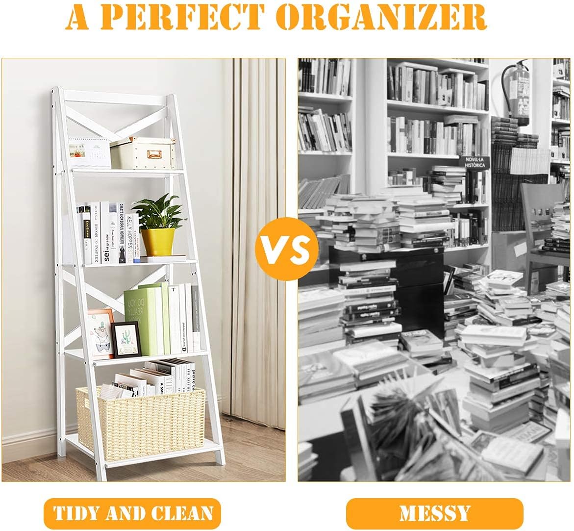4-Layer Ladder Shelf Rack, Free Standing Wooden Bookcase, Flower Plants Display Shelf, Multifunctional Storage Bookshelf for Entryway Living Room Kitchen Bedroom Office (1, White)