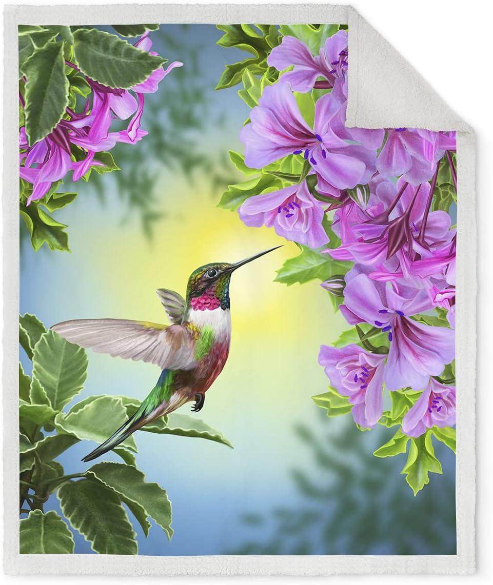 Jekeno Hummingbird Floral Blanket Gifts for Women Kids Girls Mom Pink Flowers Bird Home Bedroom Mother's Day Decor Soft Cozy Lightweight Plush Sherpa Throw Blanket 50"x60"